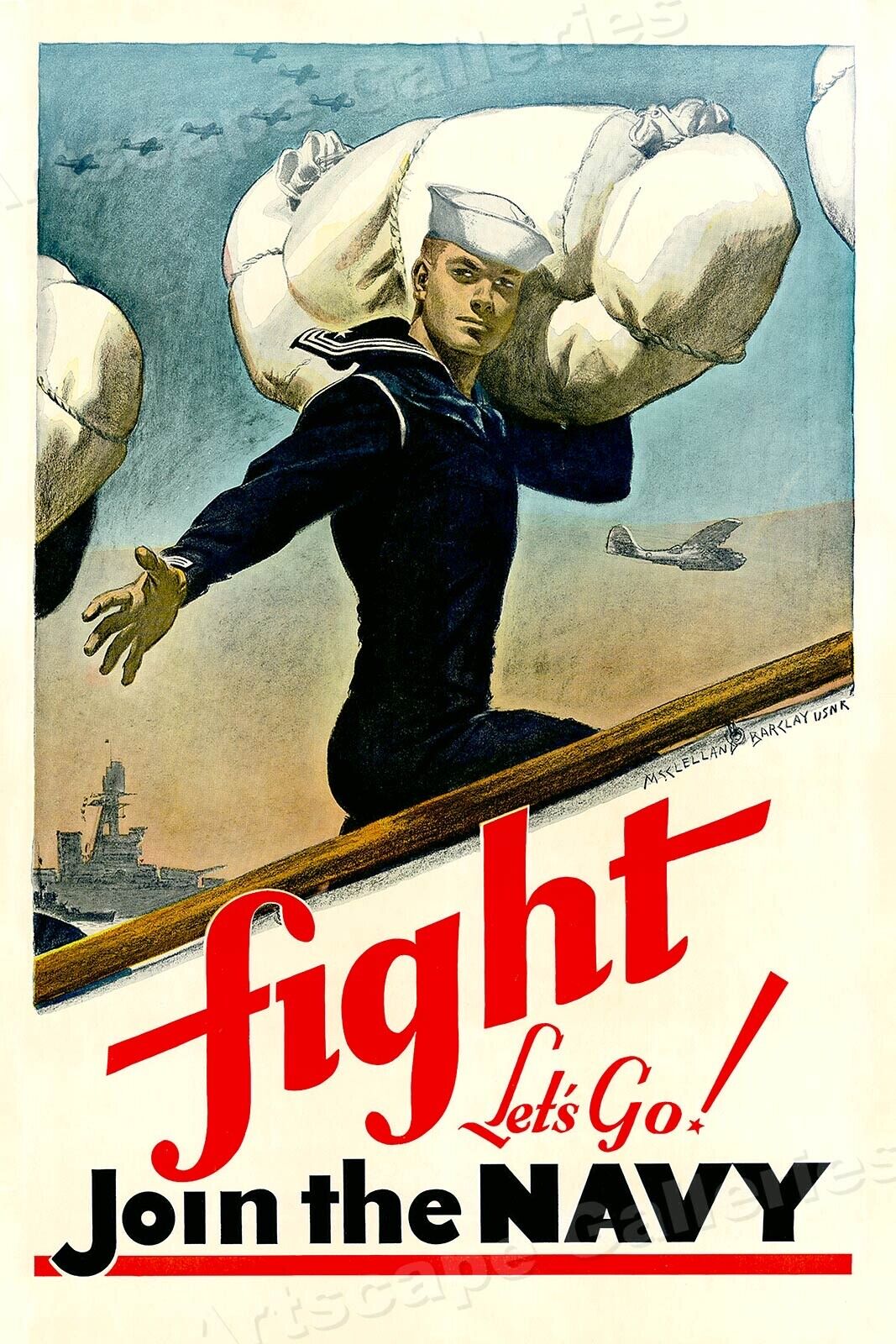 Fight Join the Navy - 1940s Vintage Style World War II Navy Poster - 16x24