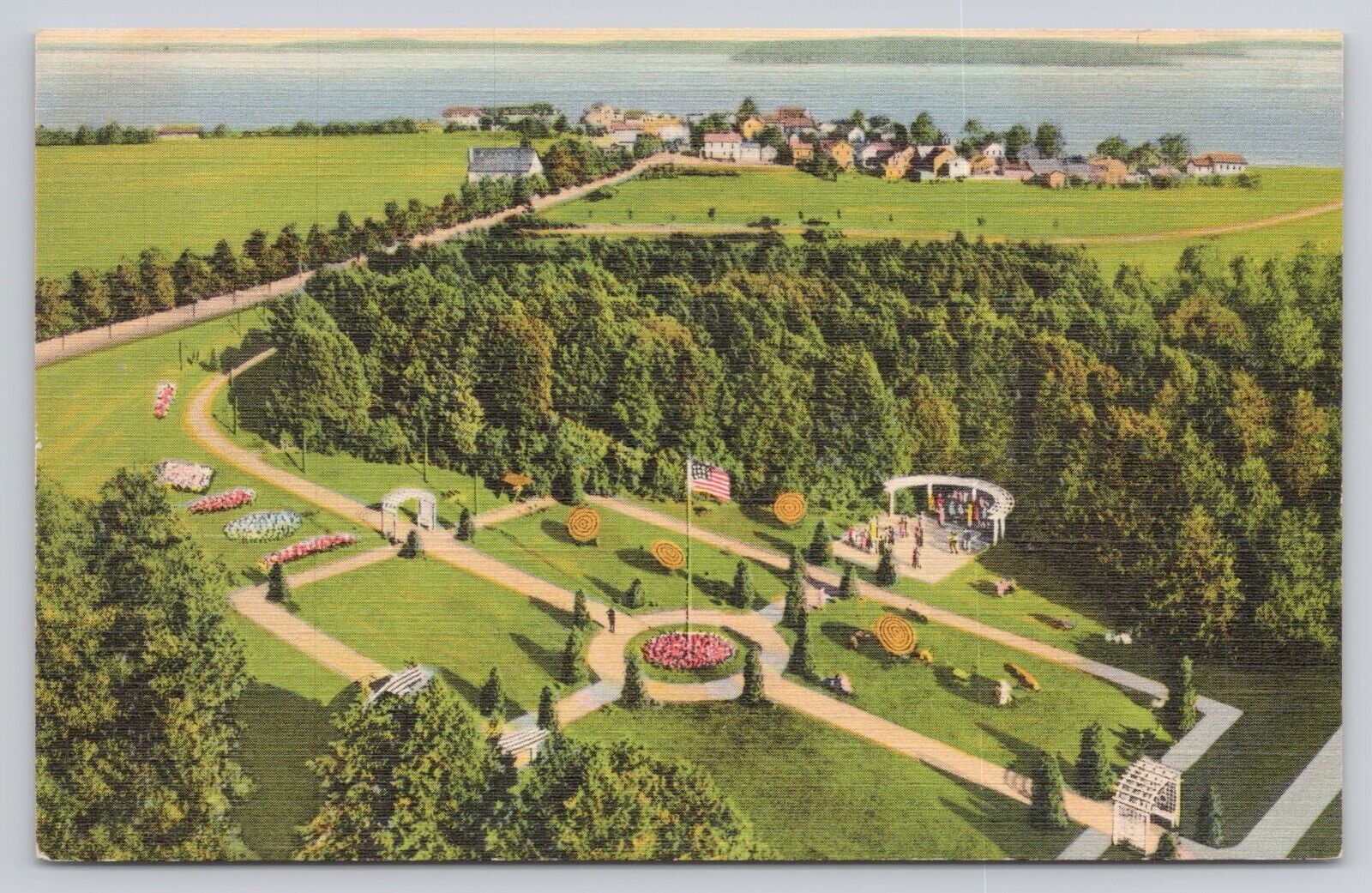Aerial of Tea Garden Grand Hotel Mackinac Island Michigan MI Linen Postcard
