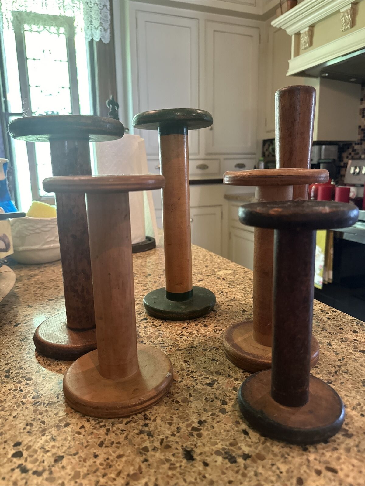 Lot of 6 Vintage Antique Large Wooden Industrial Sewing Spools 7” To 12” So Cute