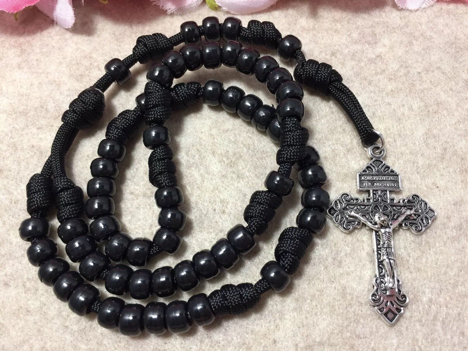 Catholic Paracord Rosary-Black Beads Rosary -Pardon Crucifix -  Handmade