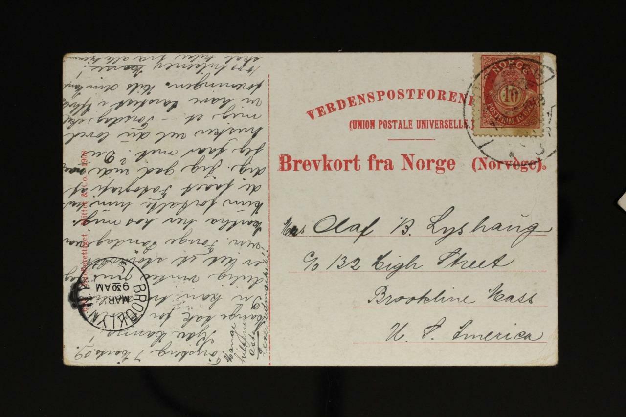 Vintage Postcard Postal History Tonsberg Norway to USA 1909 Brooklyn NY Cancel