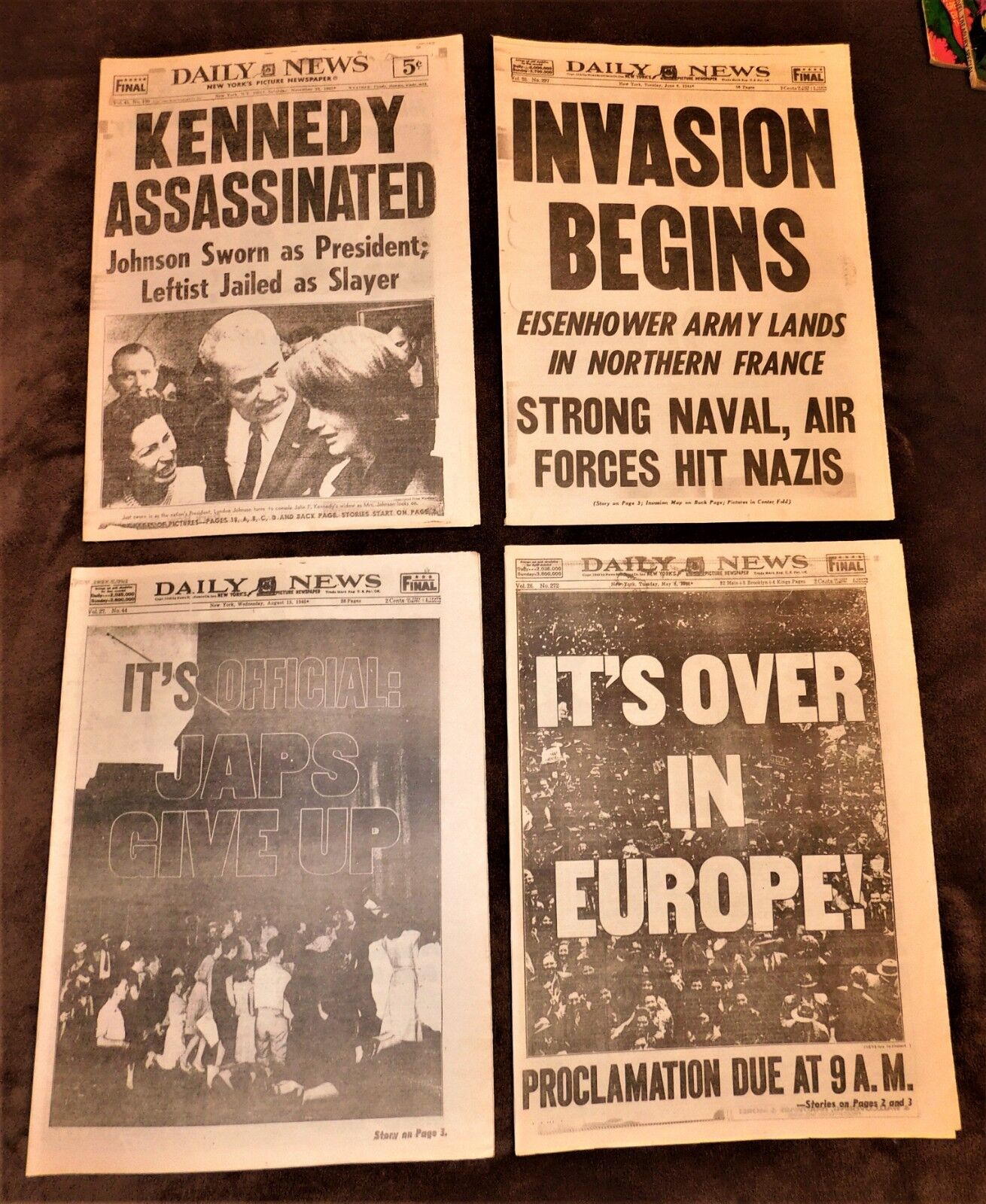 4 HISTORIC NEWSPAPERS FROM THE MOST IMPORTANT EVENTS OF THE 20TH CENTURY. 