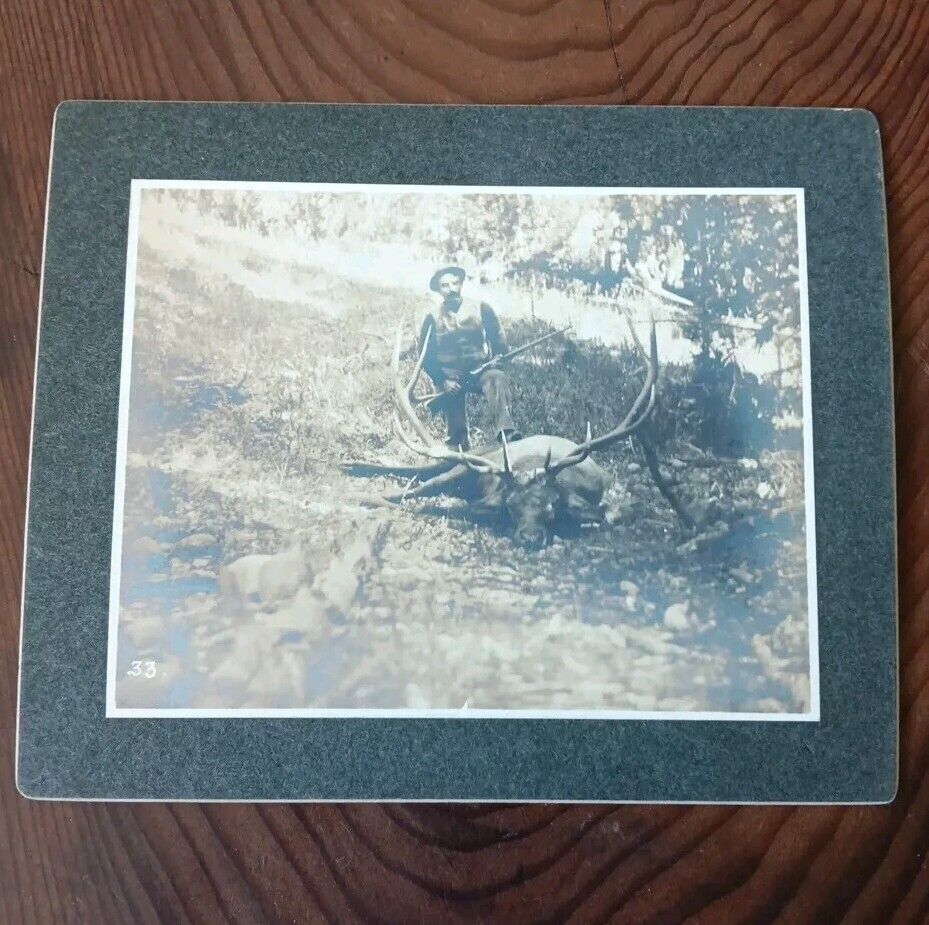 Early 1900s Antique Real Photo CABINET CARD HUNTER W LARGE TROPHY ELK
