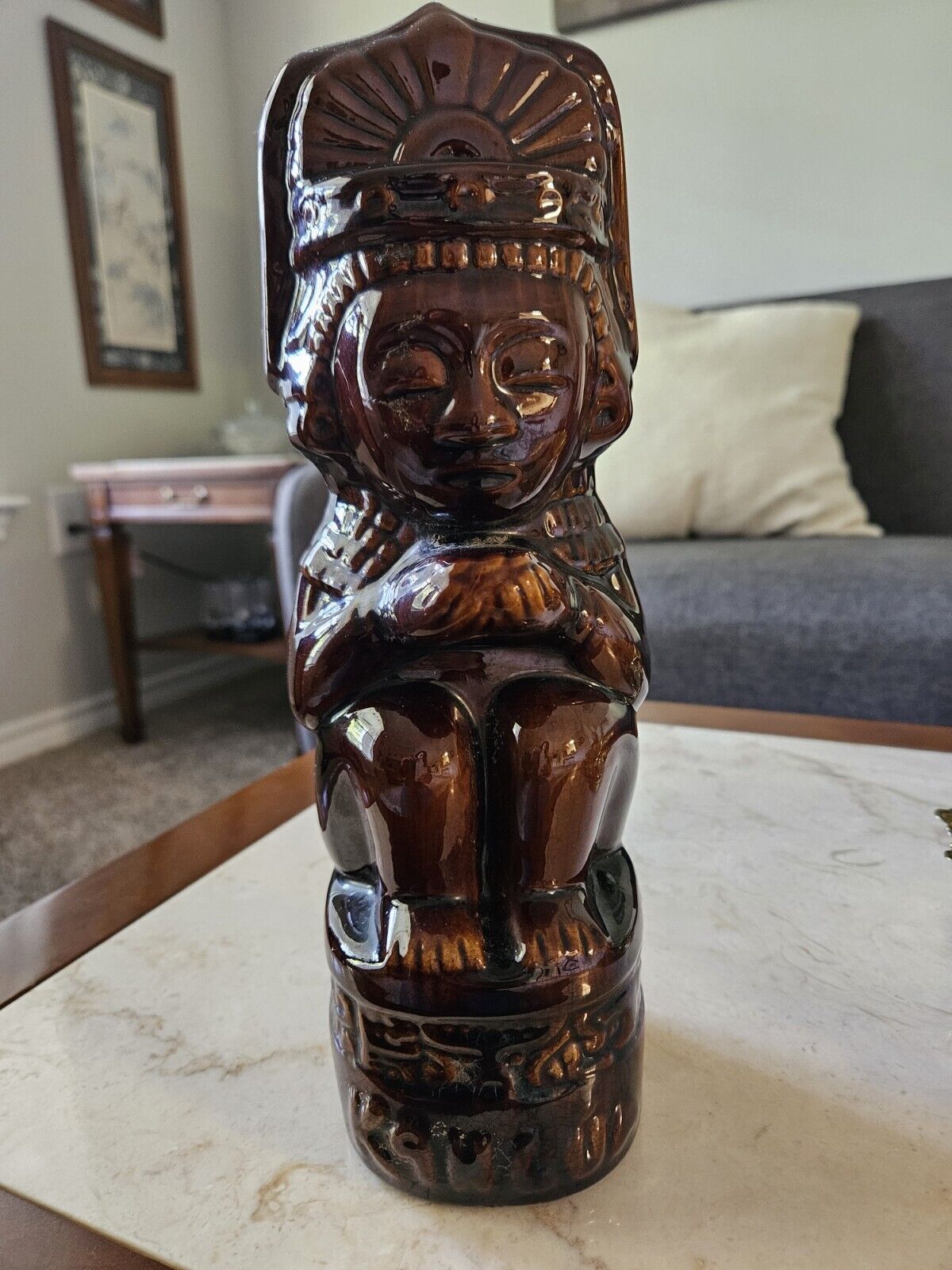 VTG KAHLUA BROWN Ceramic TIKI Decanter Bottle Mexico Mayan Heritage Liqueur