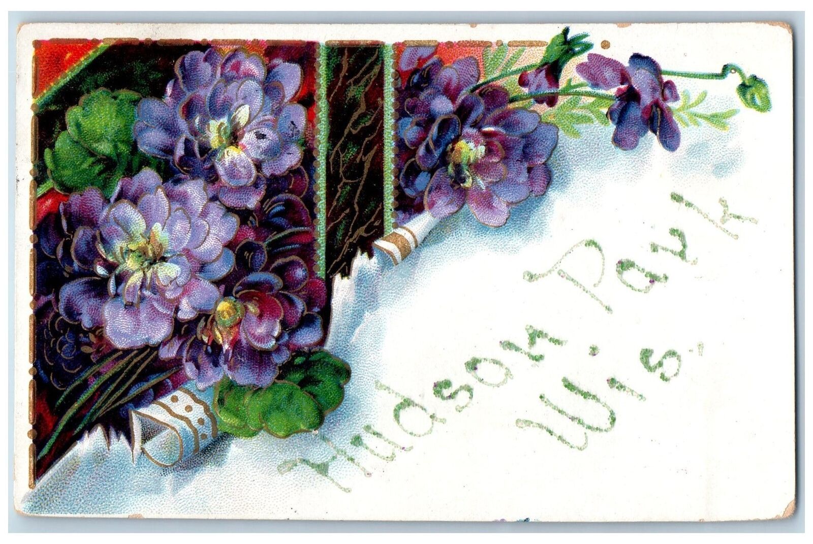 Hudson Park Wisconsin WI Postcard Greetings Embossed Flowers Leaves 1911 Antique