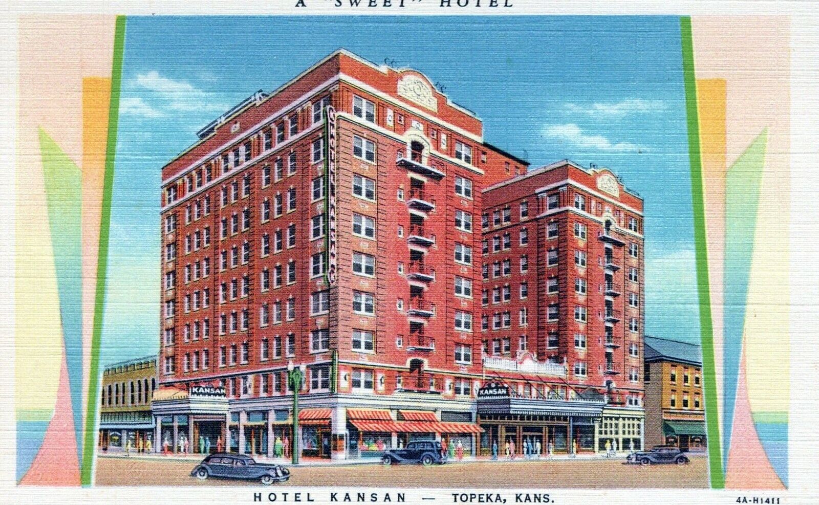 A Sweet Hotel Hotel Kansan Topeka Kansas Classic Car Vintage Linen Post Card 