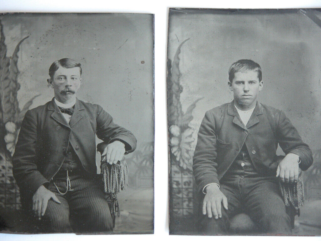 TWO Antique 1890s Tintype Victorian Gentleman American Frontier FATHER & SON