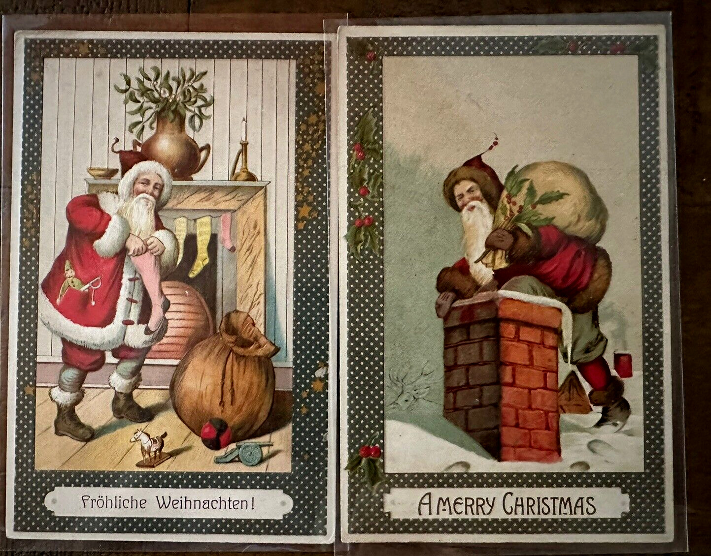 Lot of 2 SANTA CLAUS with Toy Sacks~in Chimney~Antique Christmas~Postcards~h728