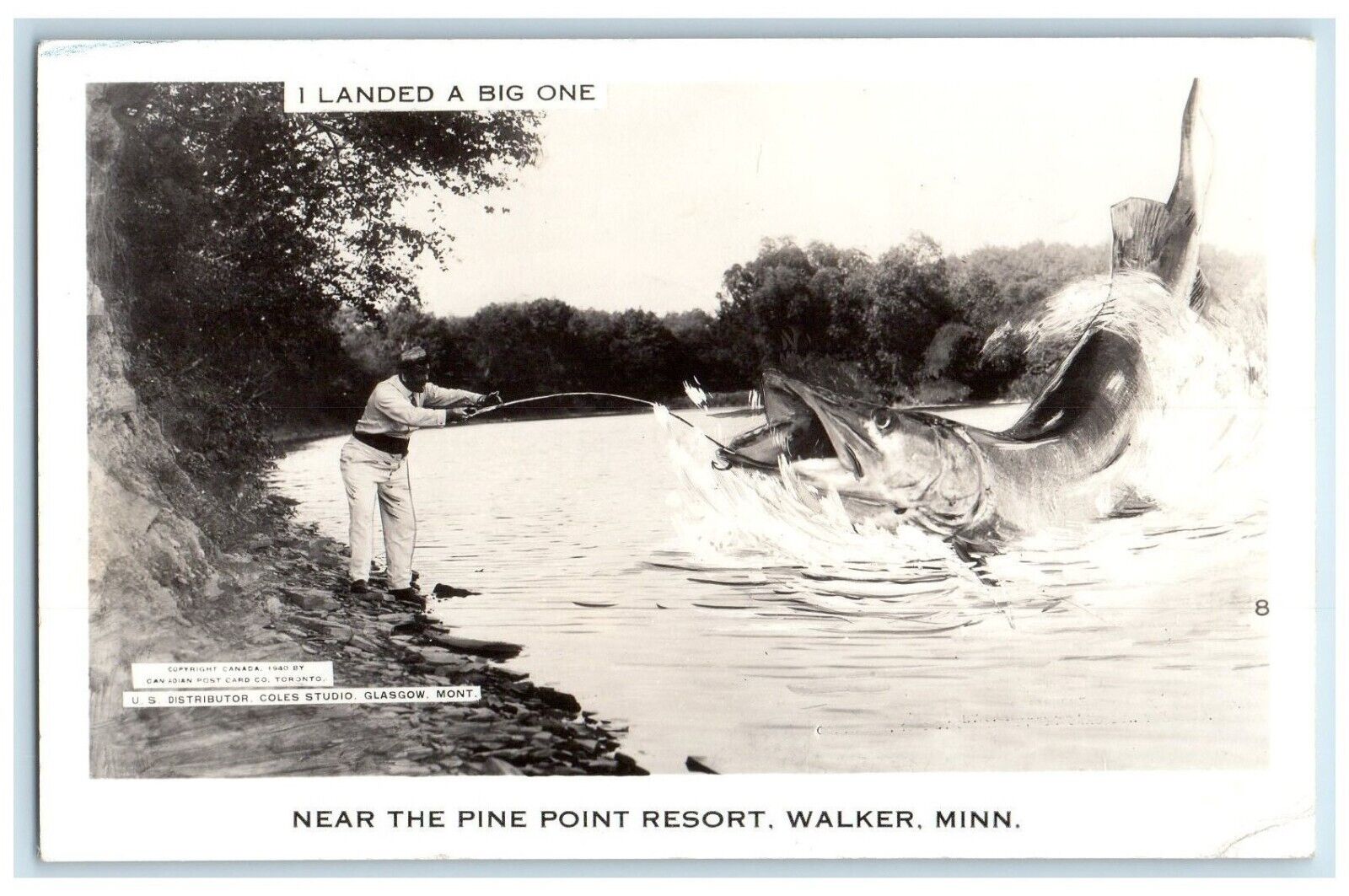 Man Cached Exaggerated Fish Near Point Resort Walker MN RPPC Photo Postcard