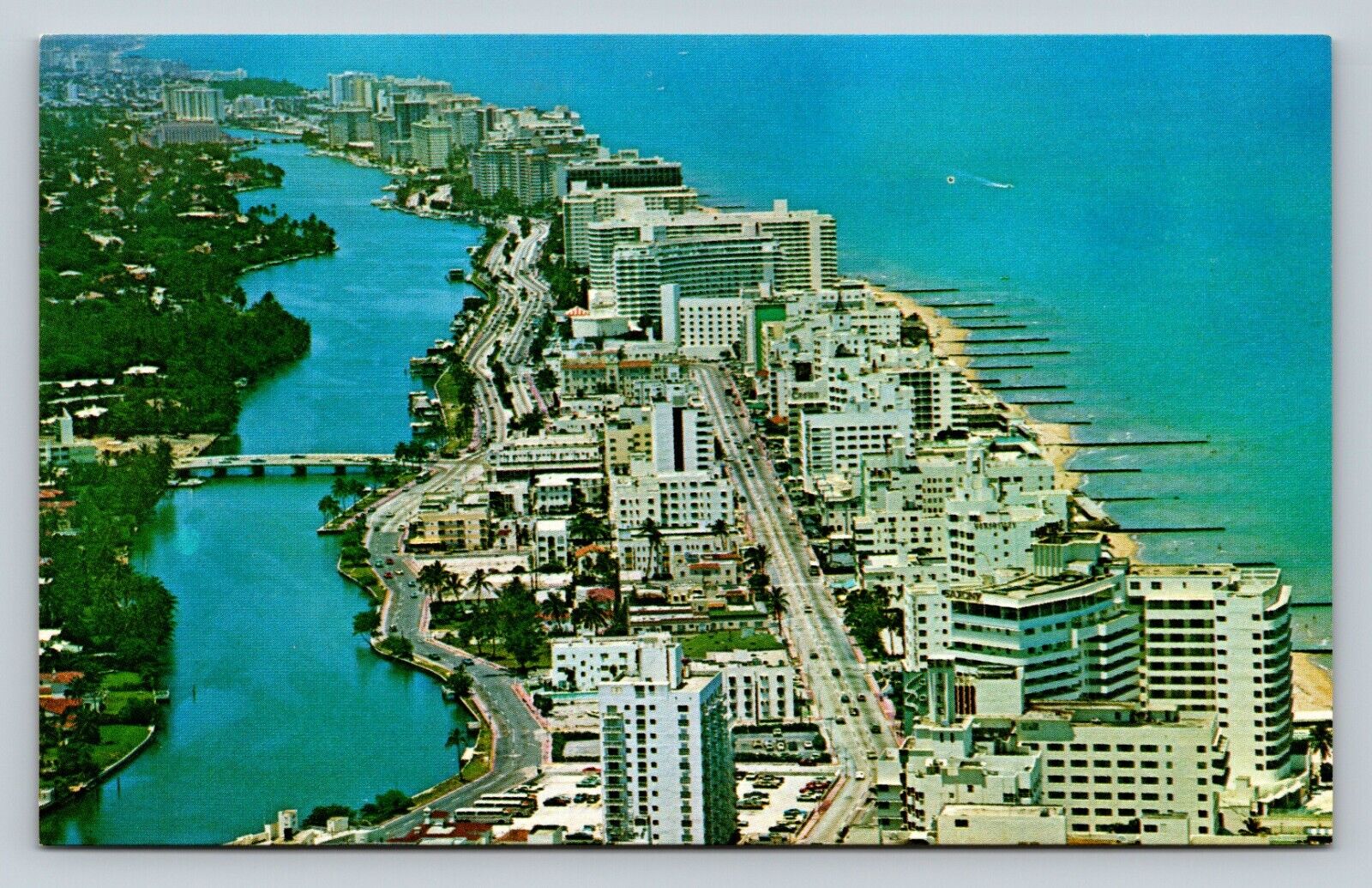 Strip of Hotels on Miami Beach Florida FL Indian Creek/Ocean VINTAGE Postcard
