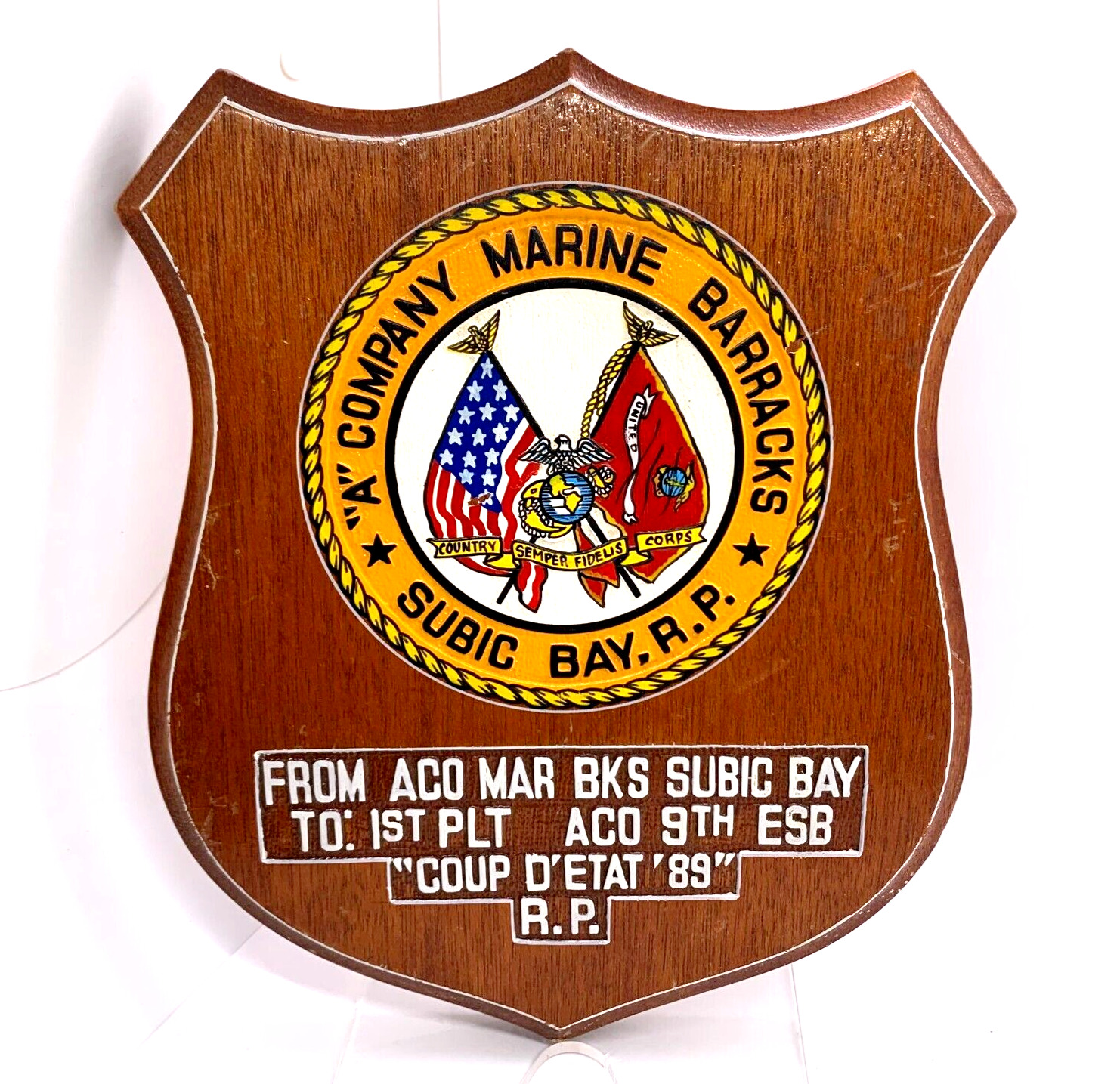 VTG U.S. MARINES A COMPANY BARRACKS SUBIC BAY PHILIPPINES CARVED WOOD PLAQUE