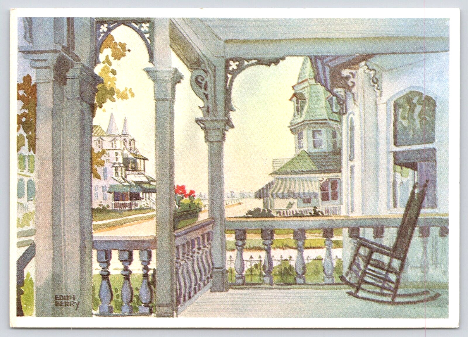 Postcard Cape May New Jersey Picturesque Porch and Colonial Hotel in Distance