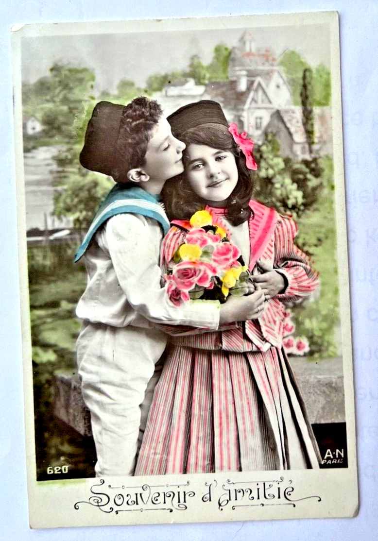 c1914 Vintage Postcard~Hand Colored RPPC~Boy & Girl, Friendship Souvenir, French