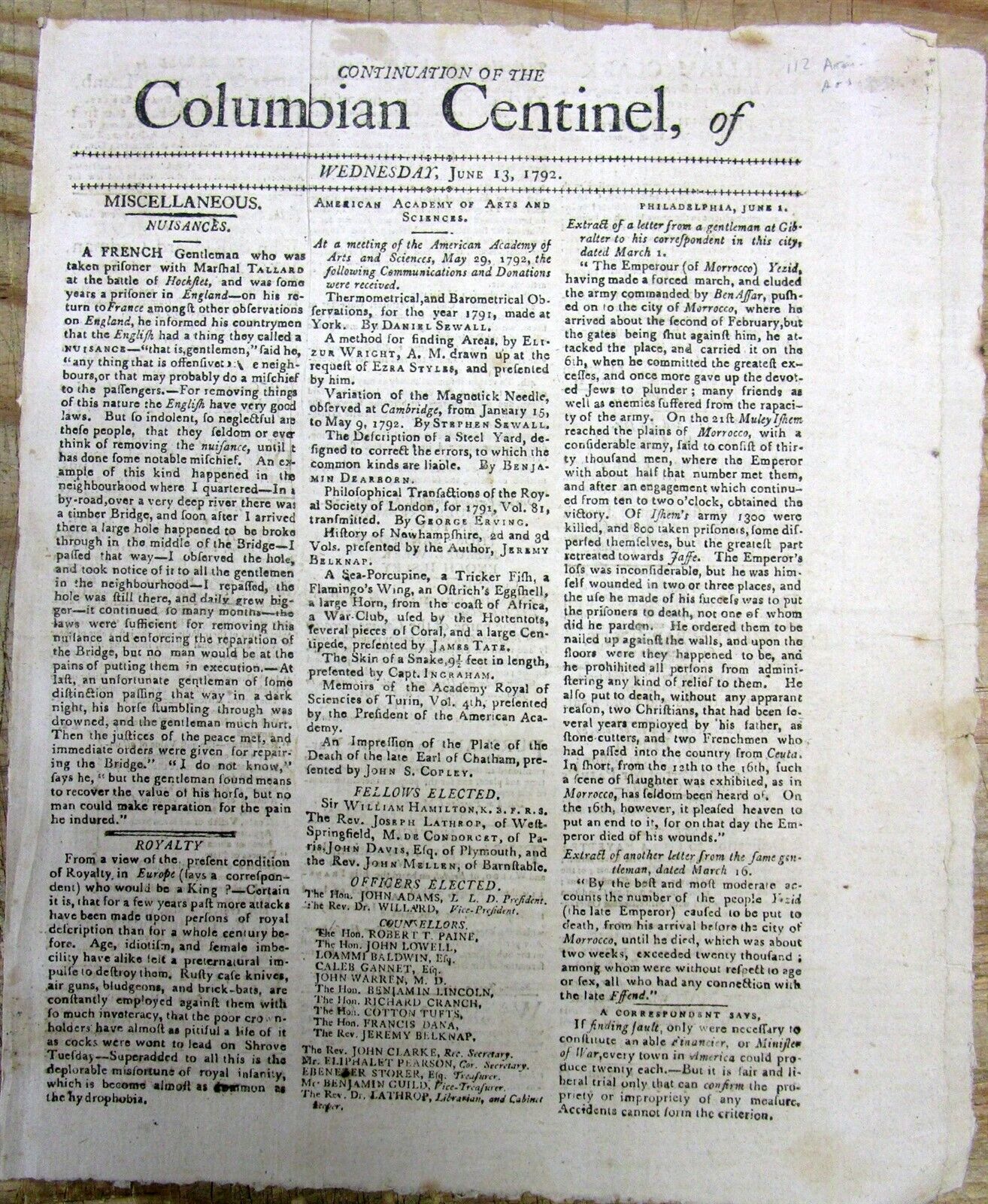 1792 Boston MA newspaper w Early Report THE AMERICAN ACADEMY of ARTS & SCIENCES