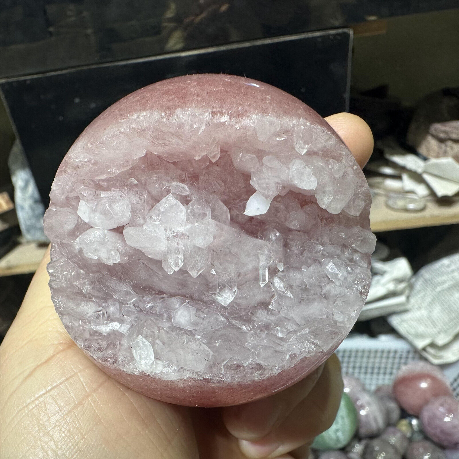 1pc Natural Strawberry Quartz Geode Sphere Crystal Energy Ball Reiki Decor 60mm+