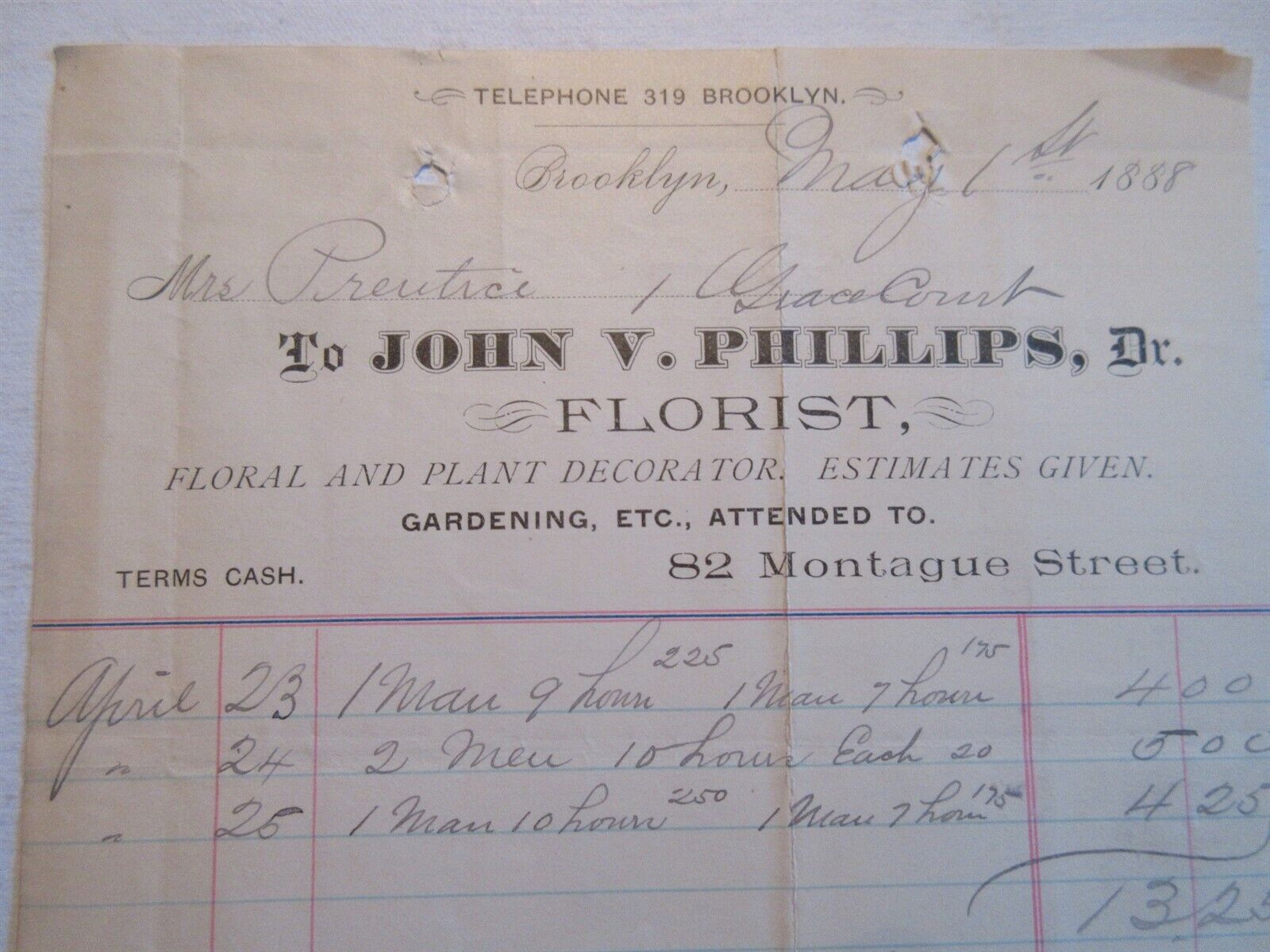 1888 John V. Phillips Florist bill invoice 82 Montague Street Brooklyn, NY