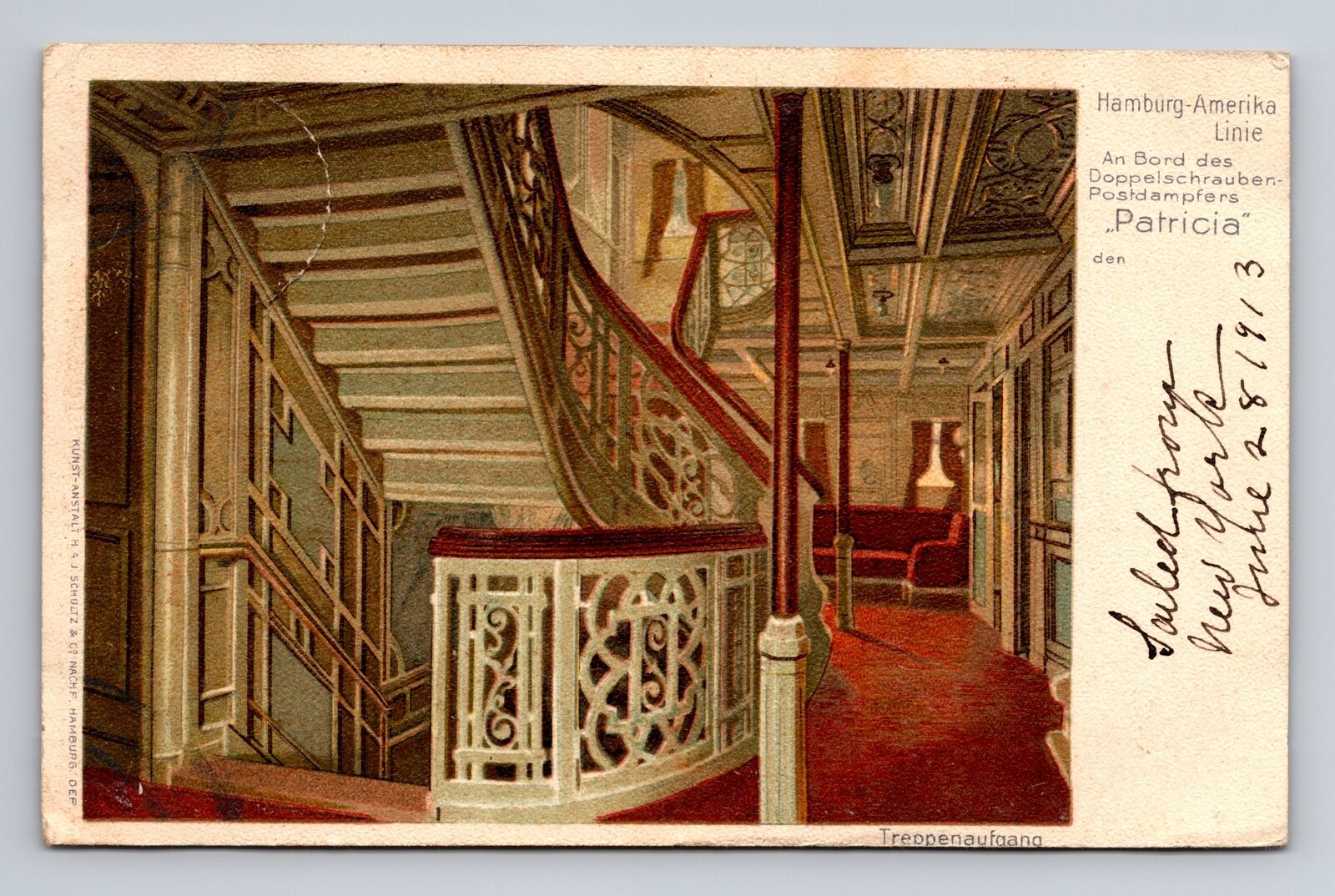 c1913 Postcard Hamburg SS Patrciaia Stairway Hamburg-America Line Ship