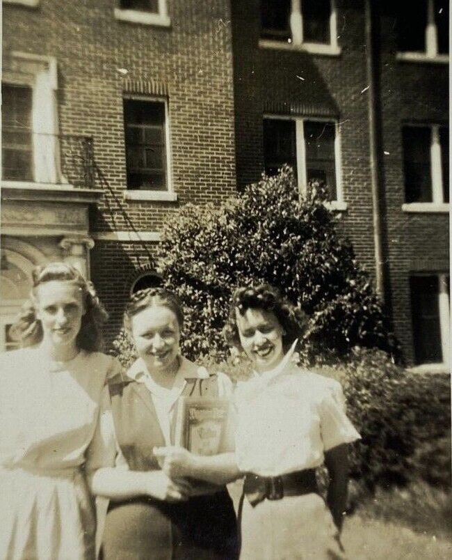 Three Pretty Women Holding Book By School Building B&W Photograph 3.25 x 4.5