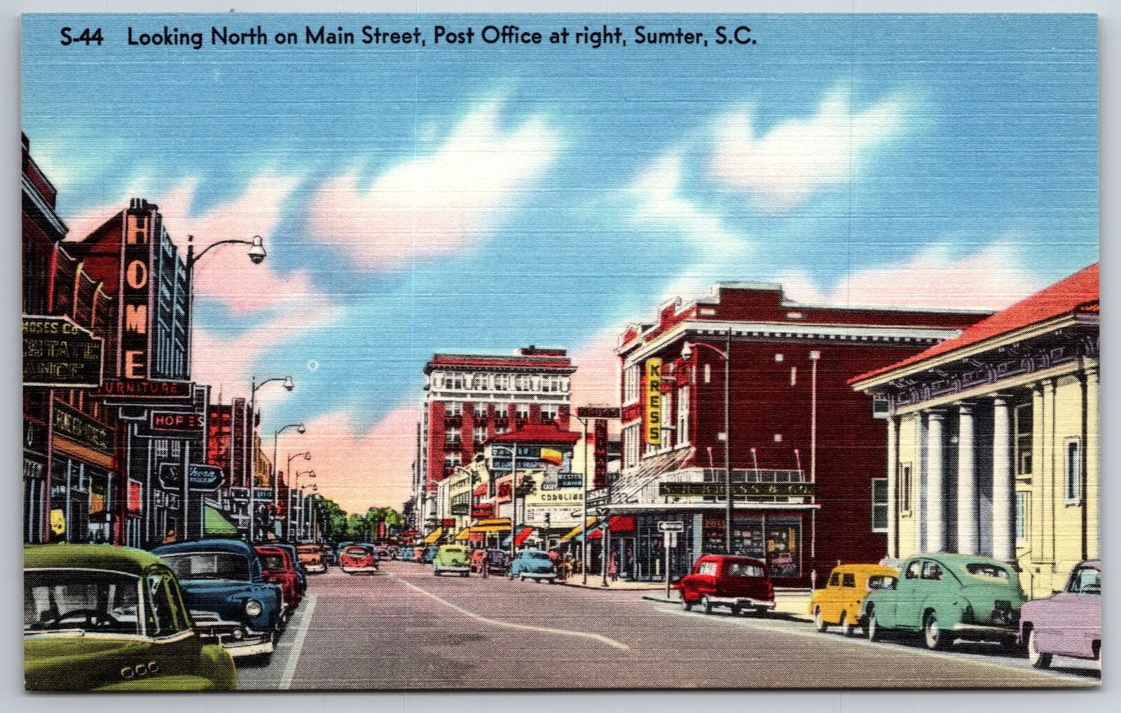 Sumter South Carolina~Main Street North~US Post Office~Linen Postcard