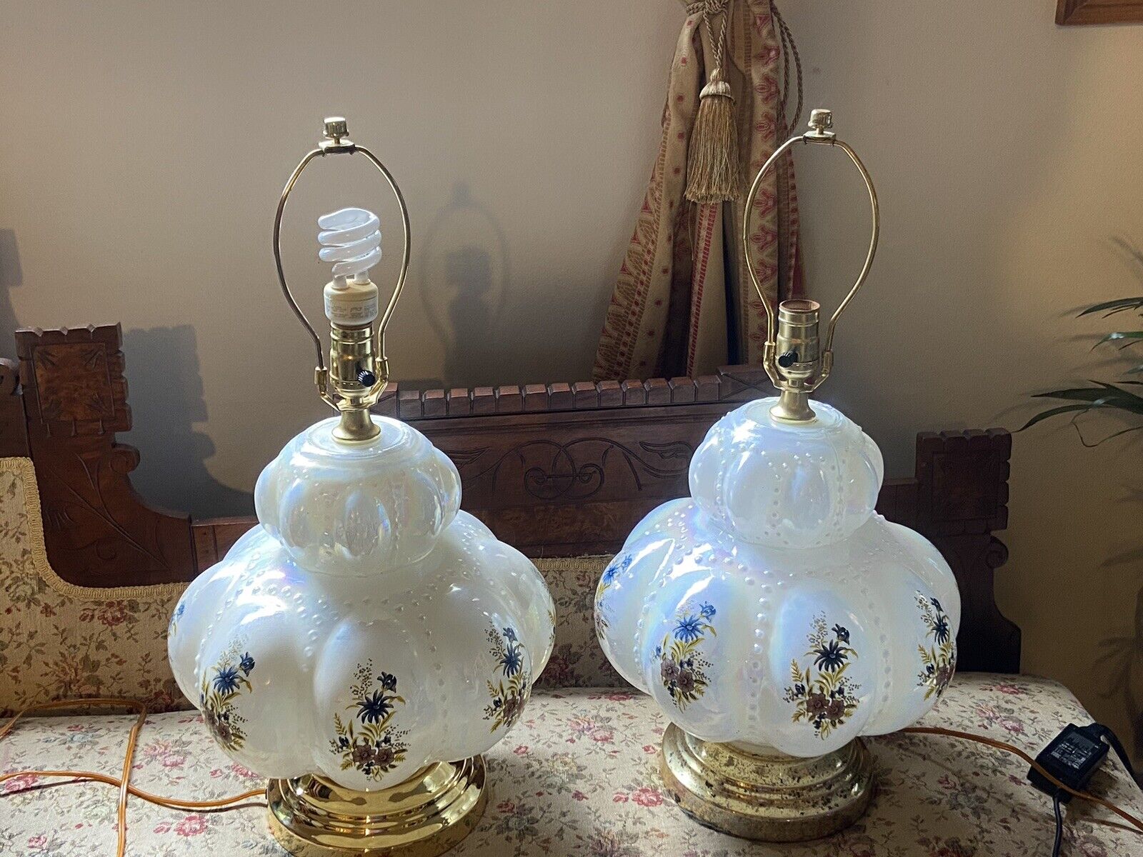 Set of Two Carl Falkenstein Hollywood Regency MCM Beaded Melon Ball Lamps