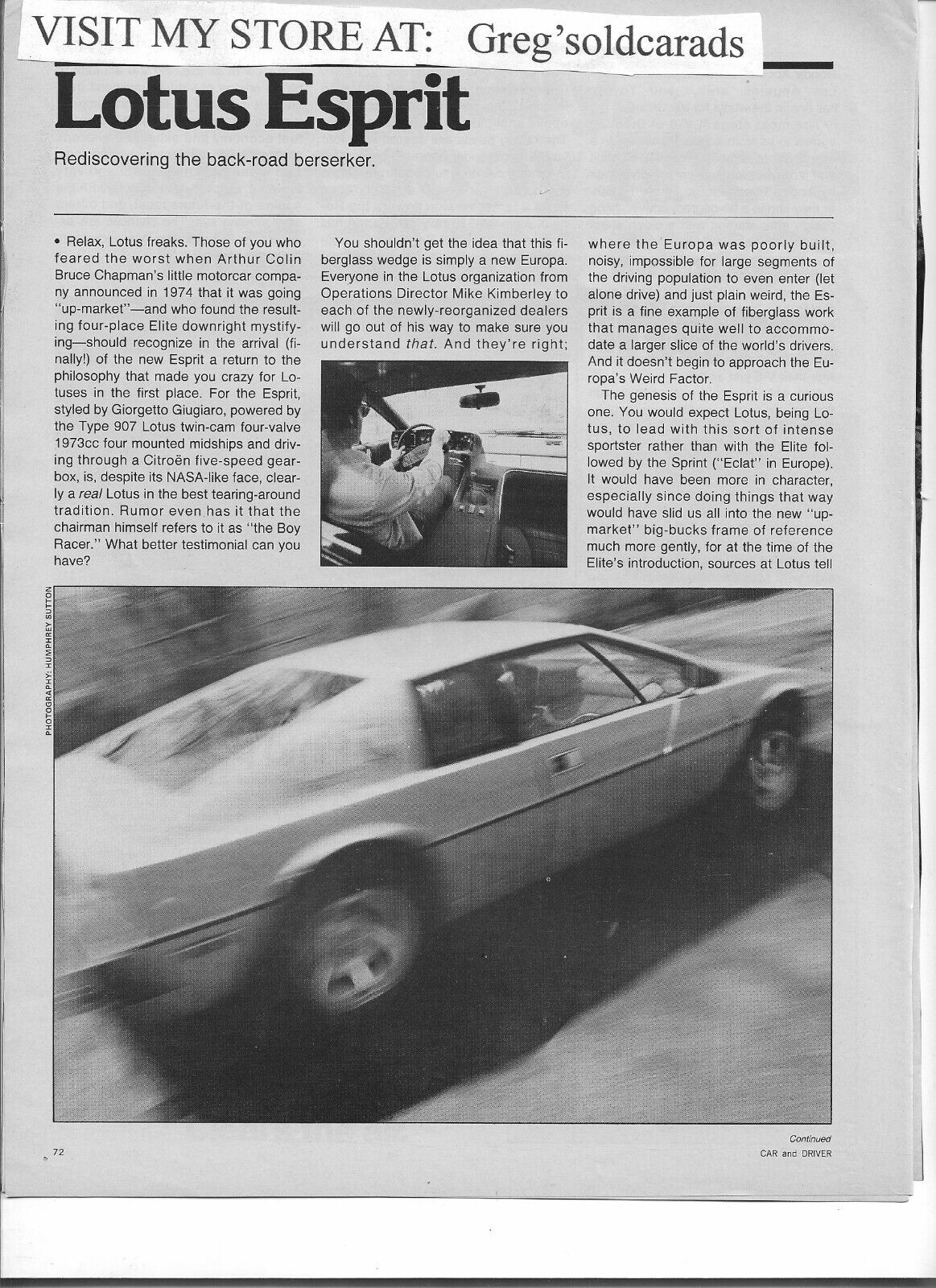 Original 1977 Lotus Esprit 6 page Road Test, in print ad category