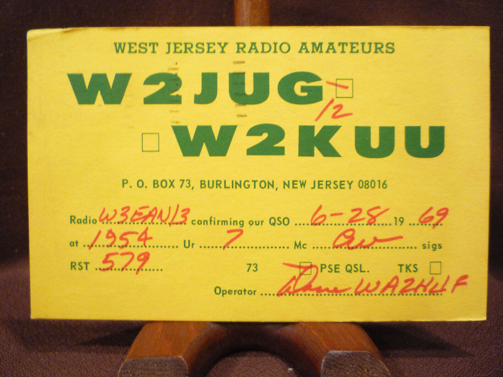 Vintage 1960s QSL Radio Card W2JUG W2KUU DAVE WA2HJF, BURLINGTON, NJ NEW JERSEY