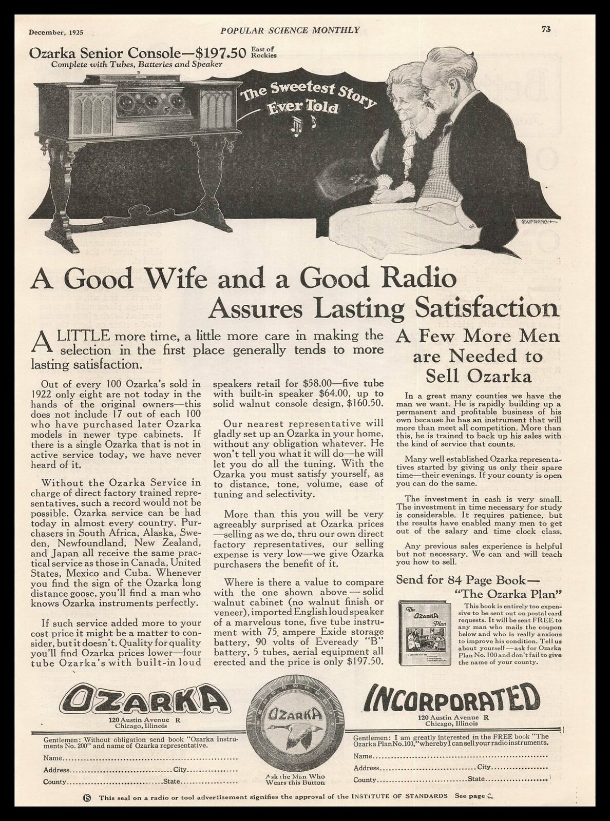 1925 Ozarka Senior Radio Console $197.50 Good Wife & Good Radio Vintage Print Ad
