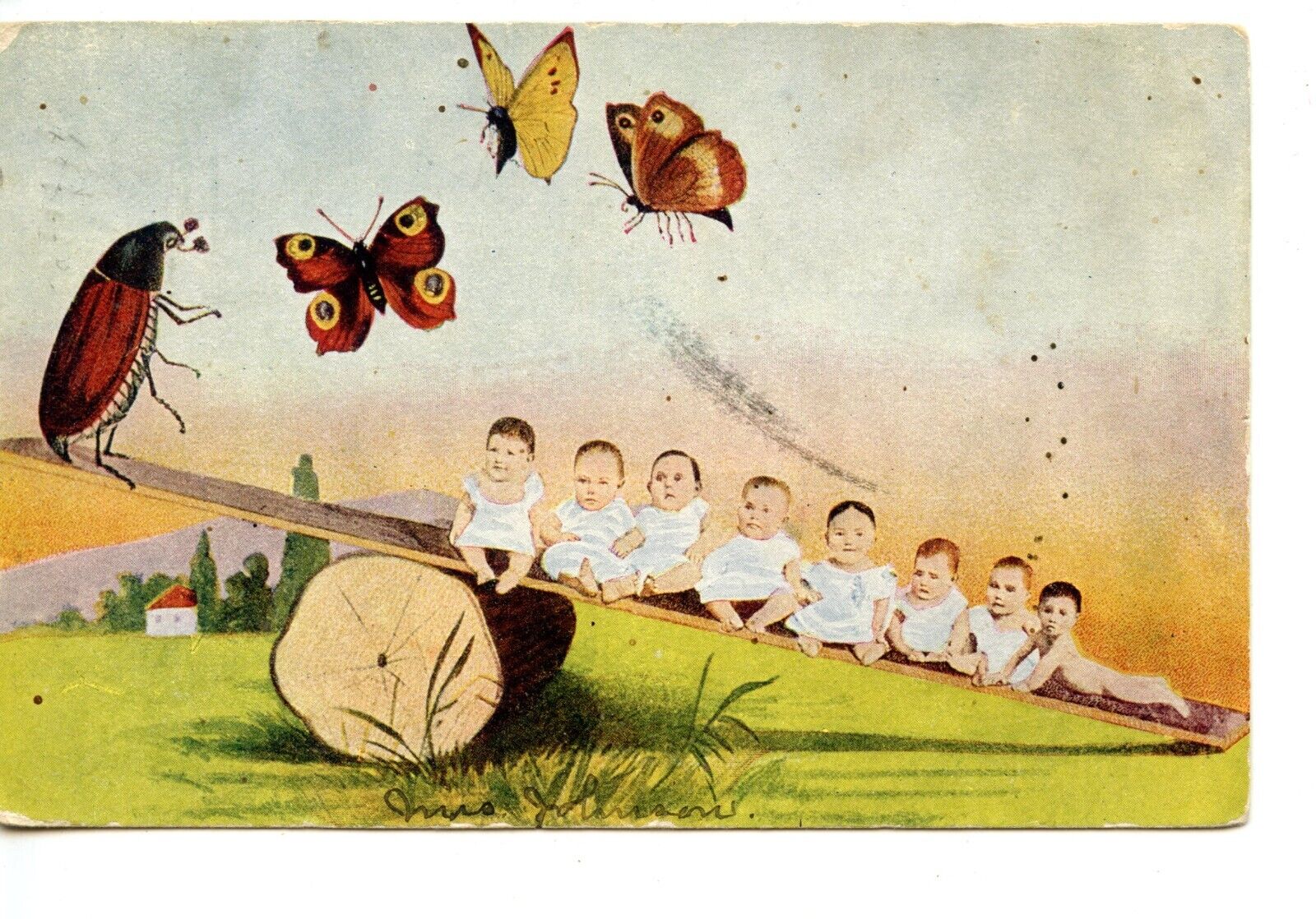 Multiple Babies on See Saw w/ Insect & Butterflies-Cute Vintage Humor Postcard