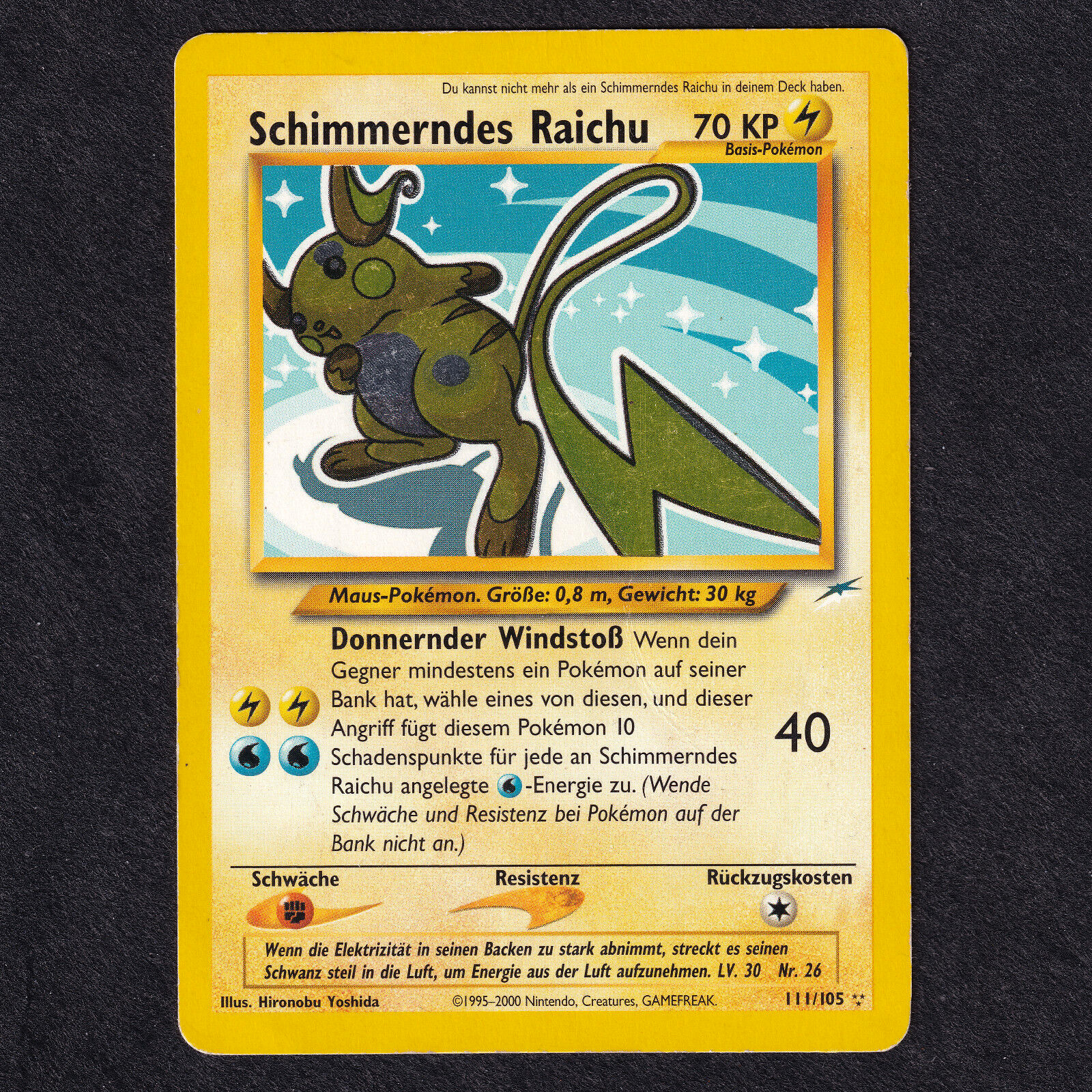 Pokemon SHINING RAICHU 111/105 - SECRET HOLO Neo Destiny RARE German POOR card