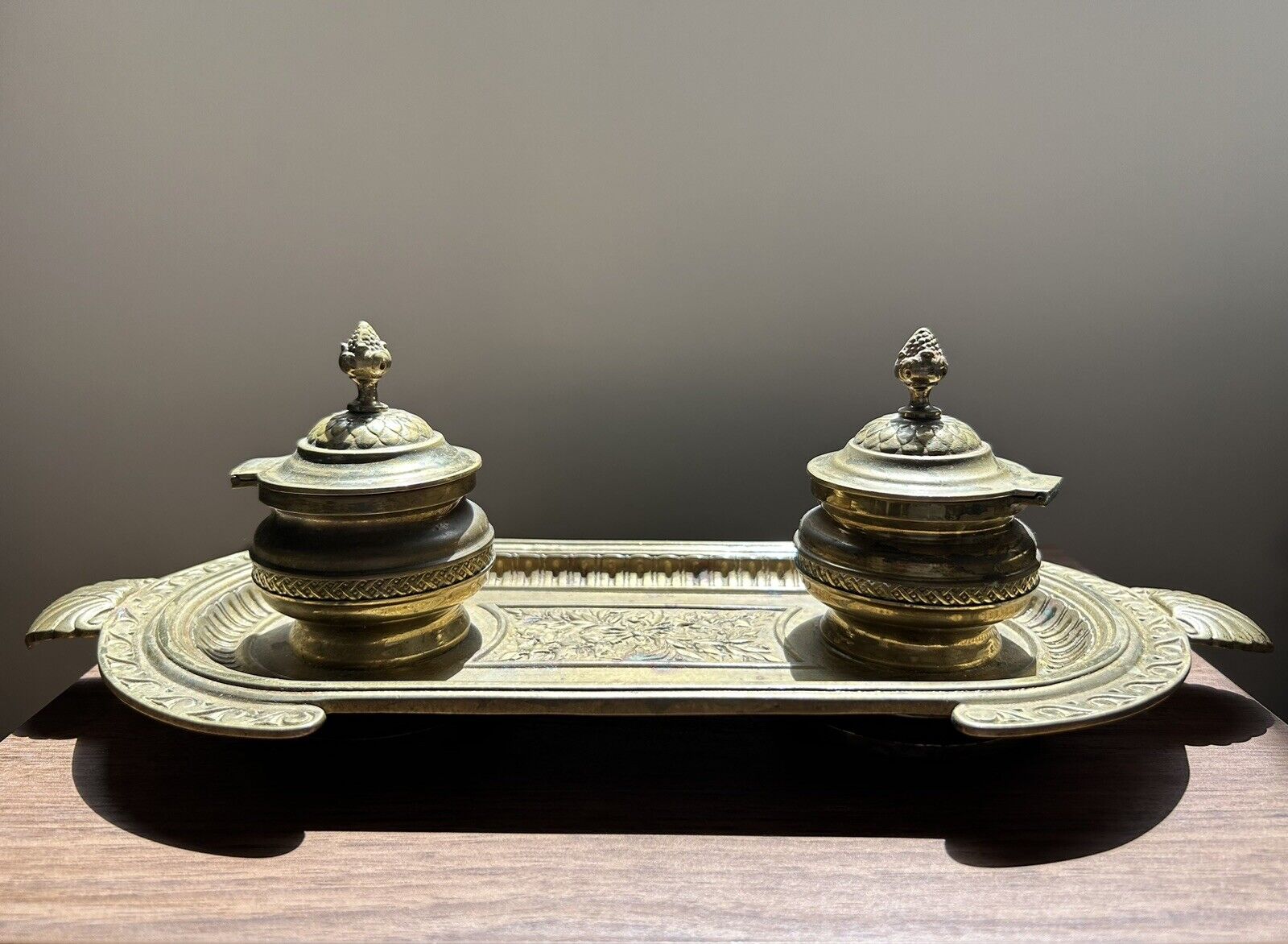 Antique Bronze Desk Double Inkwell Set