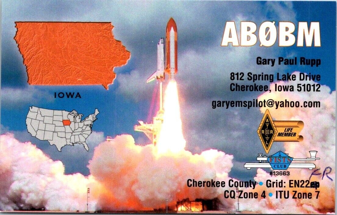 VTG HAM RADIO CQ QSL QSO POSTCARD AB0BM CHEROKEE IOWA USA SPACE SHUTTLE 2020