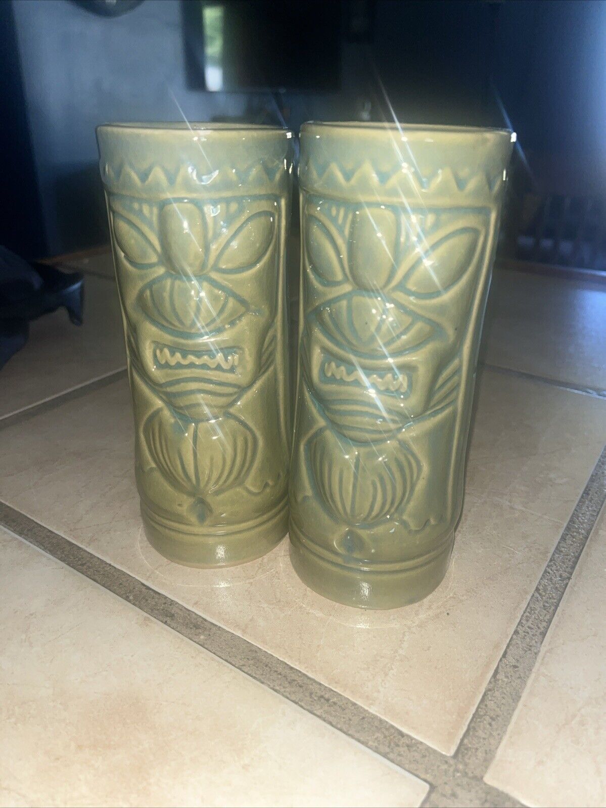 Pair of Vintage ORCHIDS OF HAWAII Green Pottery Hawaiian 6.5” High TIKI Mug