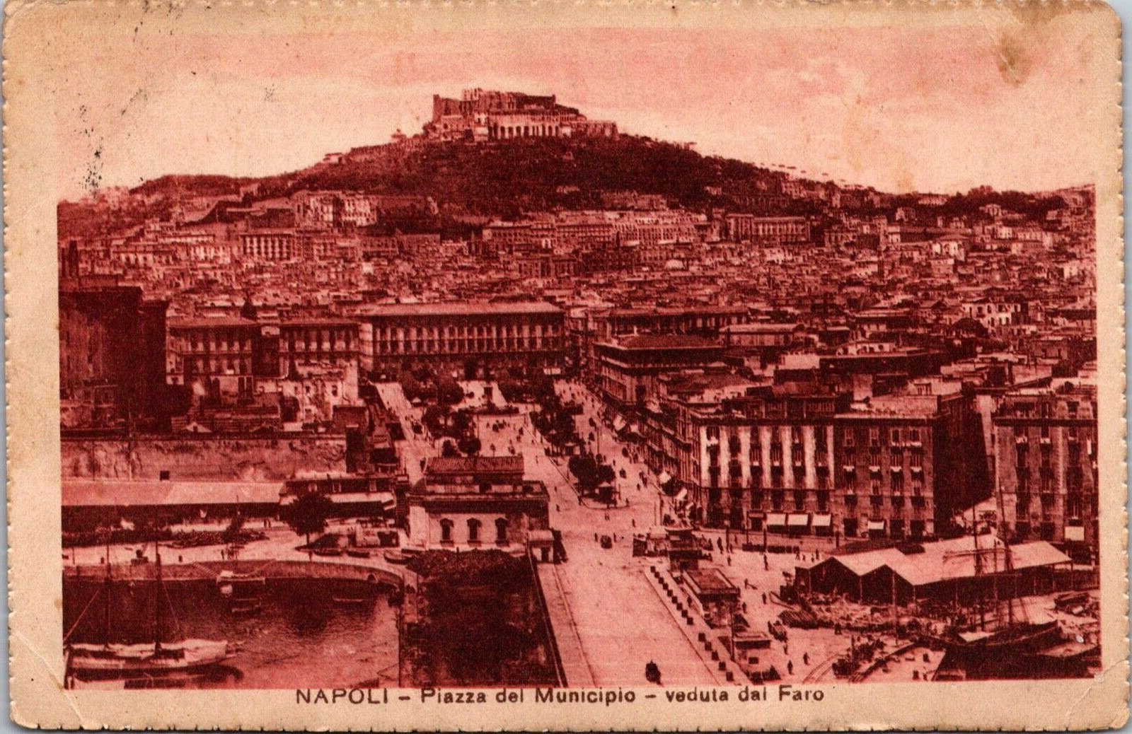 Postcard Naples Municipal Plaza Piazza lighthouse antique Italy