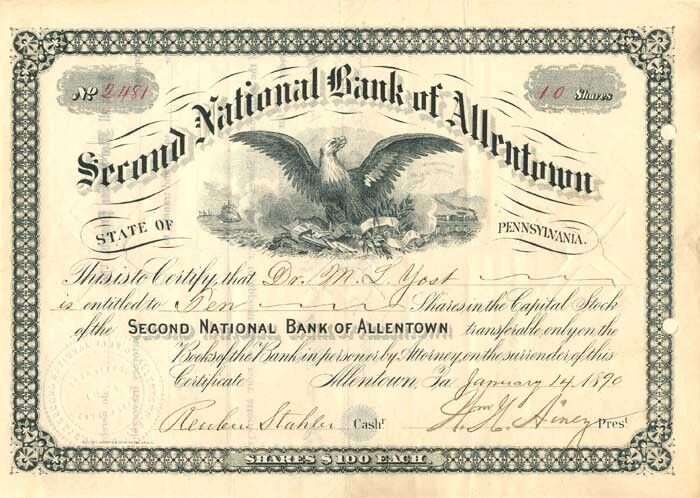 Second National Bank of Allentown - Stock Certificate - Banking Stocks