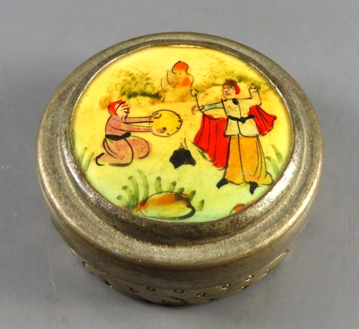 ANTIQUE/VTG Silver Metal ISLAMIC MIDDLE EAST Pill Snuff Box HAND PAINTED SCENE