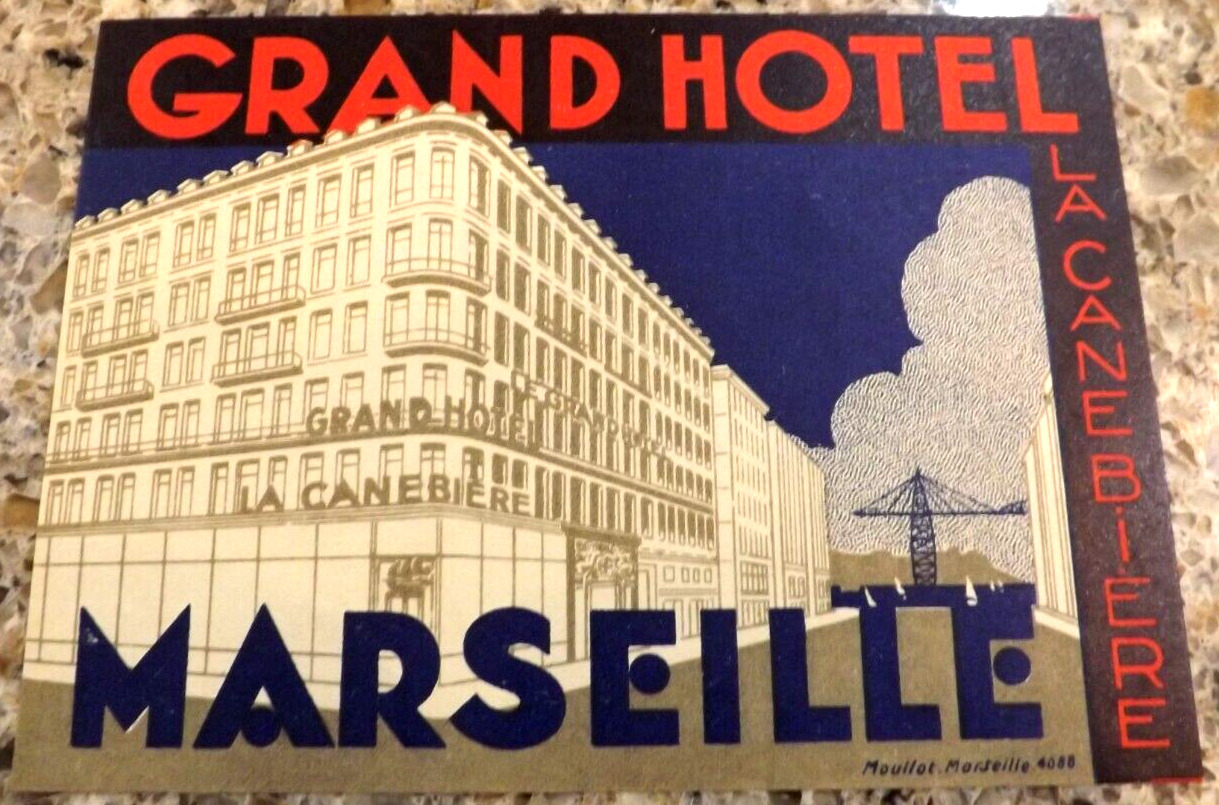 VINTAGE 1930s GRAND HOTEL LA CANEBIERE MARSEILLE FRANCE LUGGAGE LABEL ORIGINAL