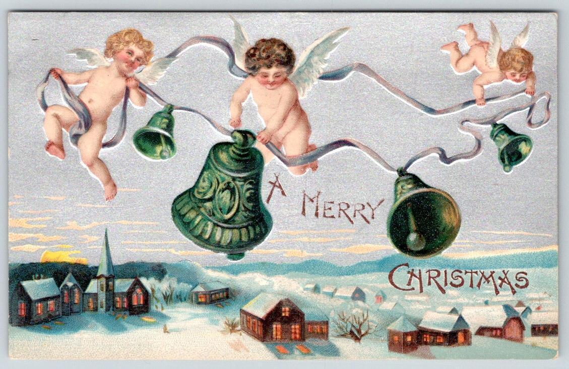 1910\'s MERRY CHRISTMAS*ANGELS CHERUBS STRINGING BELLS ABOVE TOWN*EMBOSSED