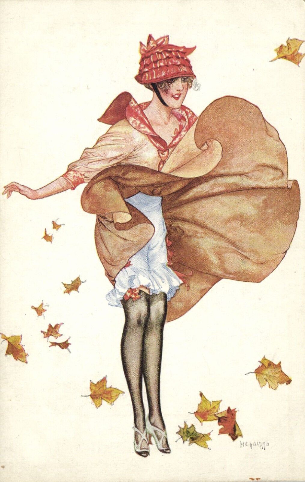 PC ARTIST SIGNED, HEROUARD, GLAMOUR, BEFORE THE WIND, Vintage Postcard (b50251)