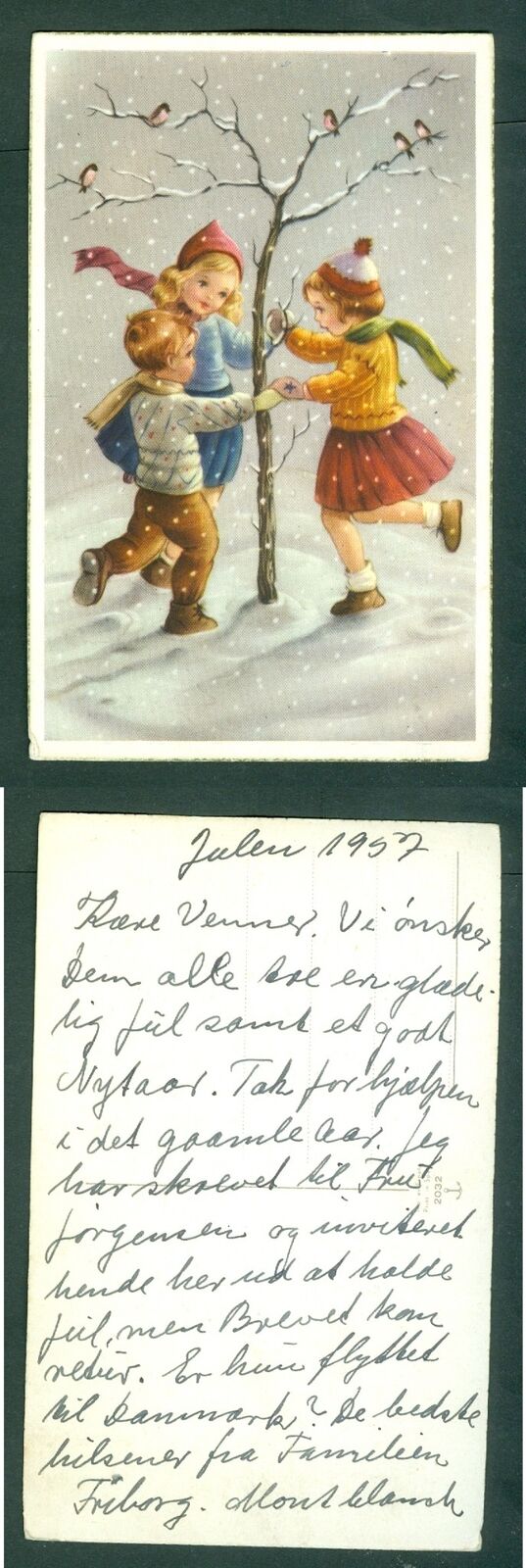 Denmark. 1957 Christmas Card. Written. Children Dancing Around Tree, Birds, Snow