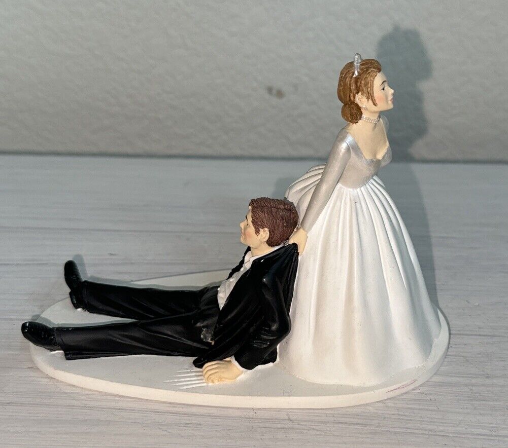 Bride Dragging Reluctant Groom Figurine Cake Topper 4.25” Tall