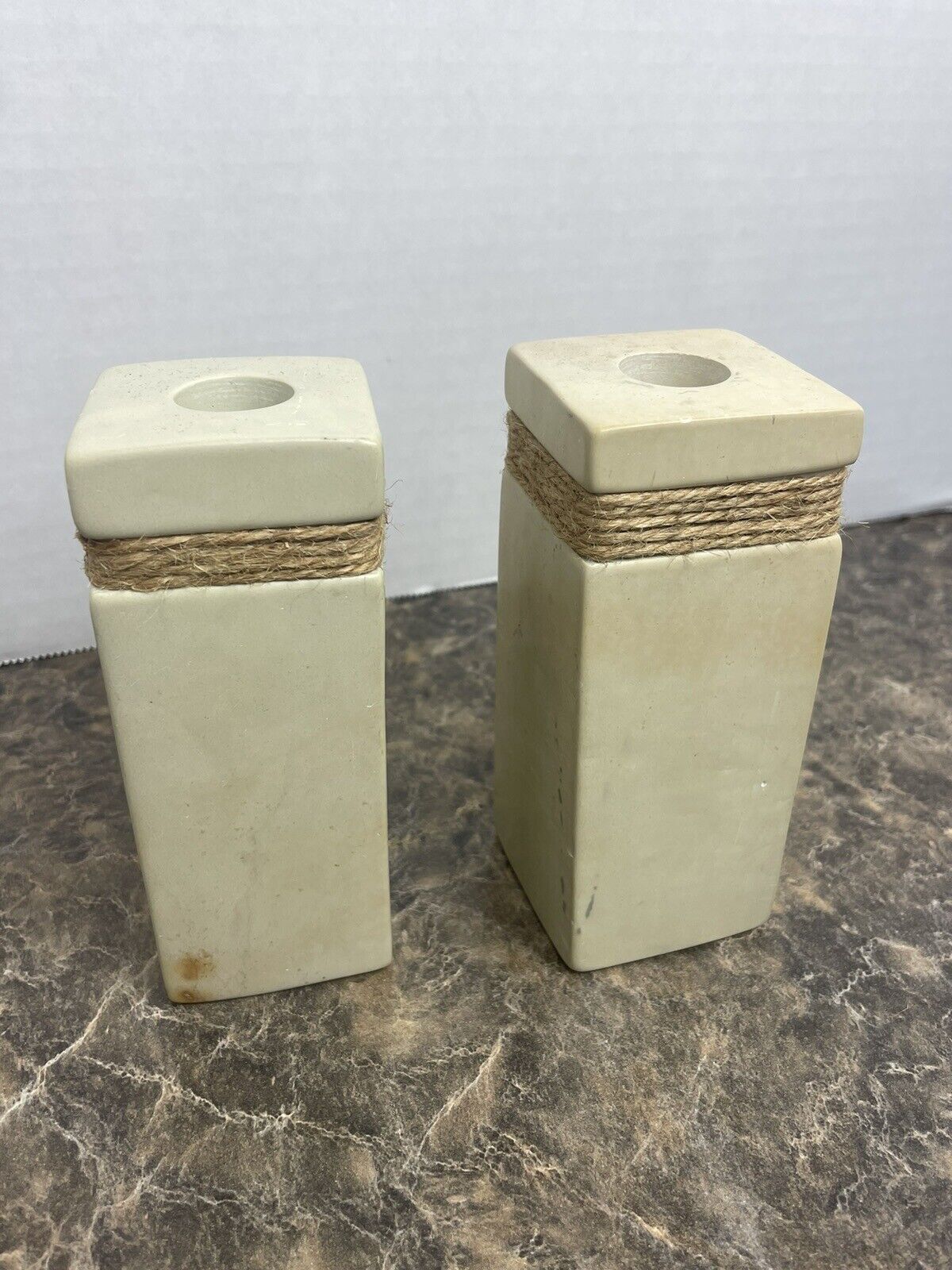 Pair of Stunning Heavy Beige Stone Candlestick Holders Rustic Decor High Quality