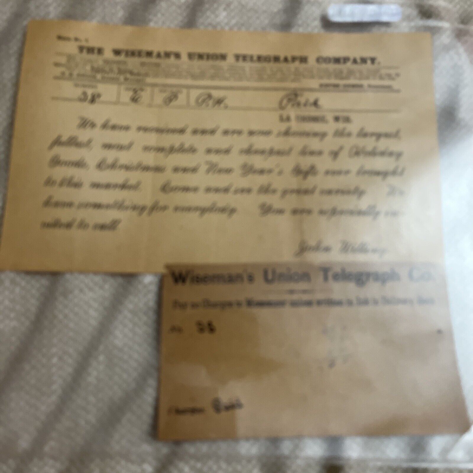 Antique Wiseman's Union Telegraph Company Message & Envelope - Store Advertising