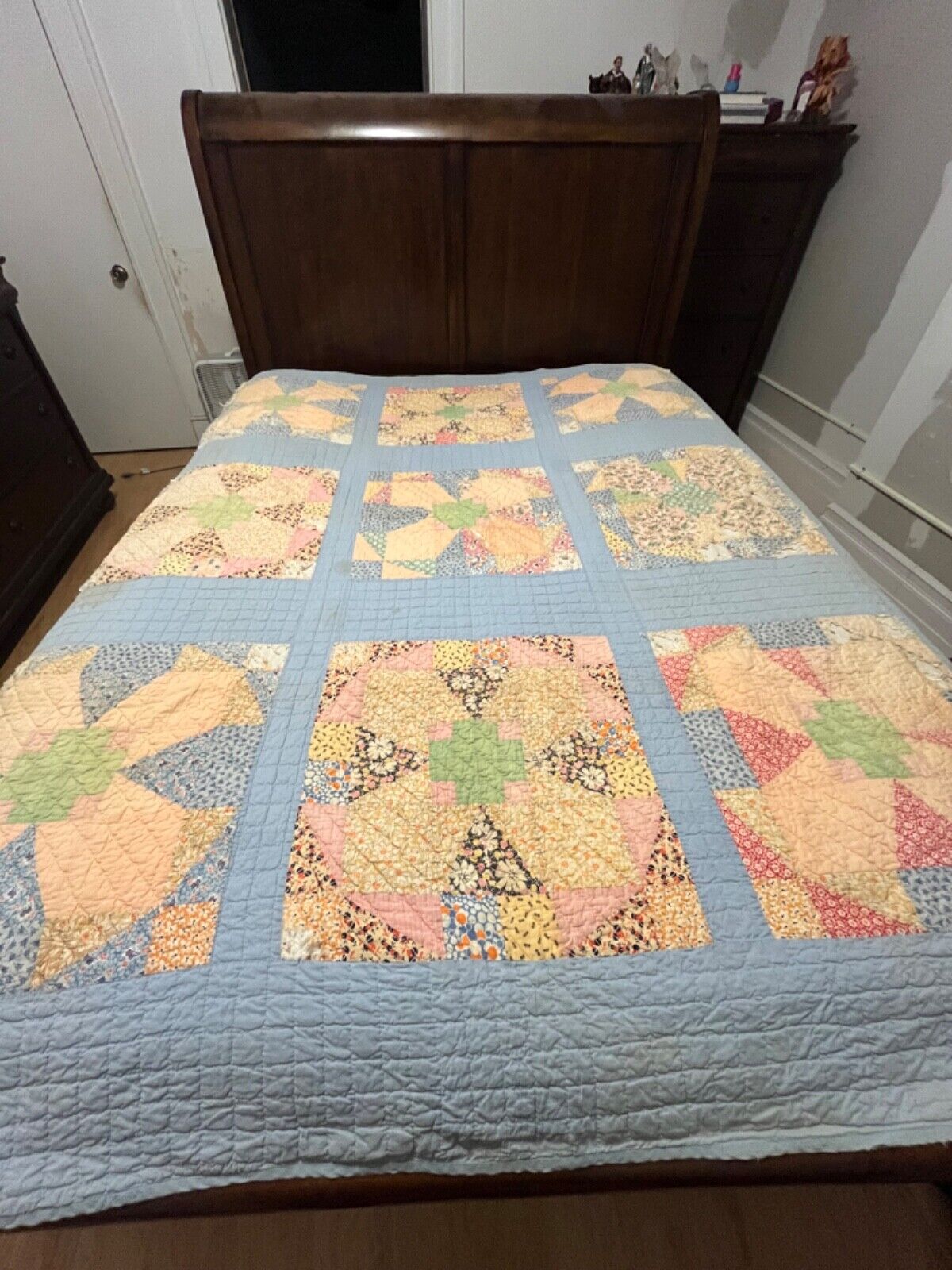 vintage hand made quilt multi color  cross w wear “64 “82