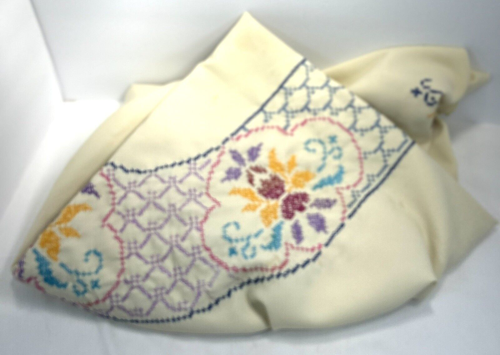 Vintage Handmade Cross Stitch Tablecloth Floral Large