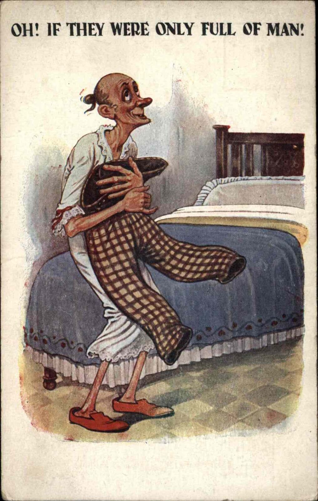 Antique SPINSTER Comic Postcard Woman Hugs Empty Trousers