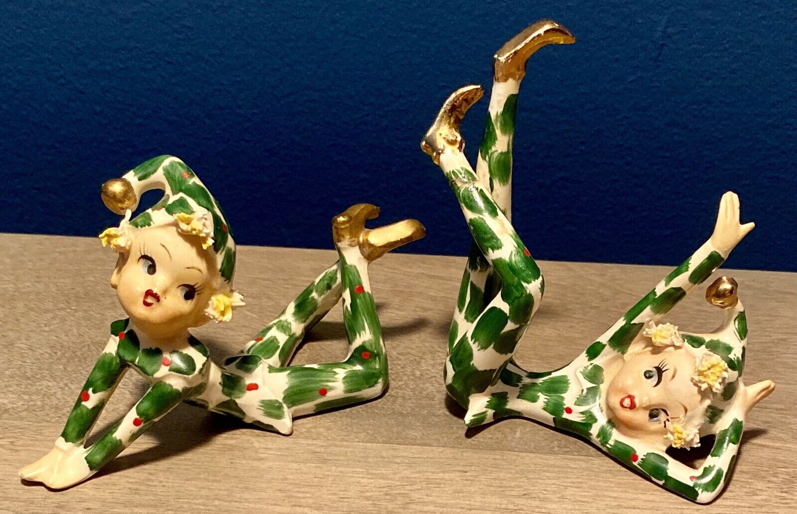 Vintage LEFTON Ceramic Japan Christmas Set of 2 Holly Pixie Girls