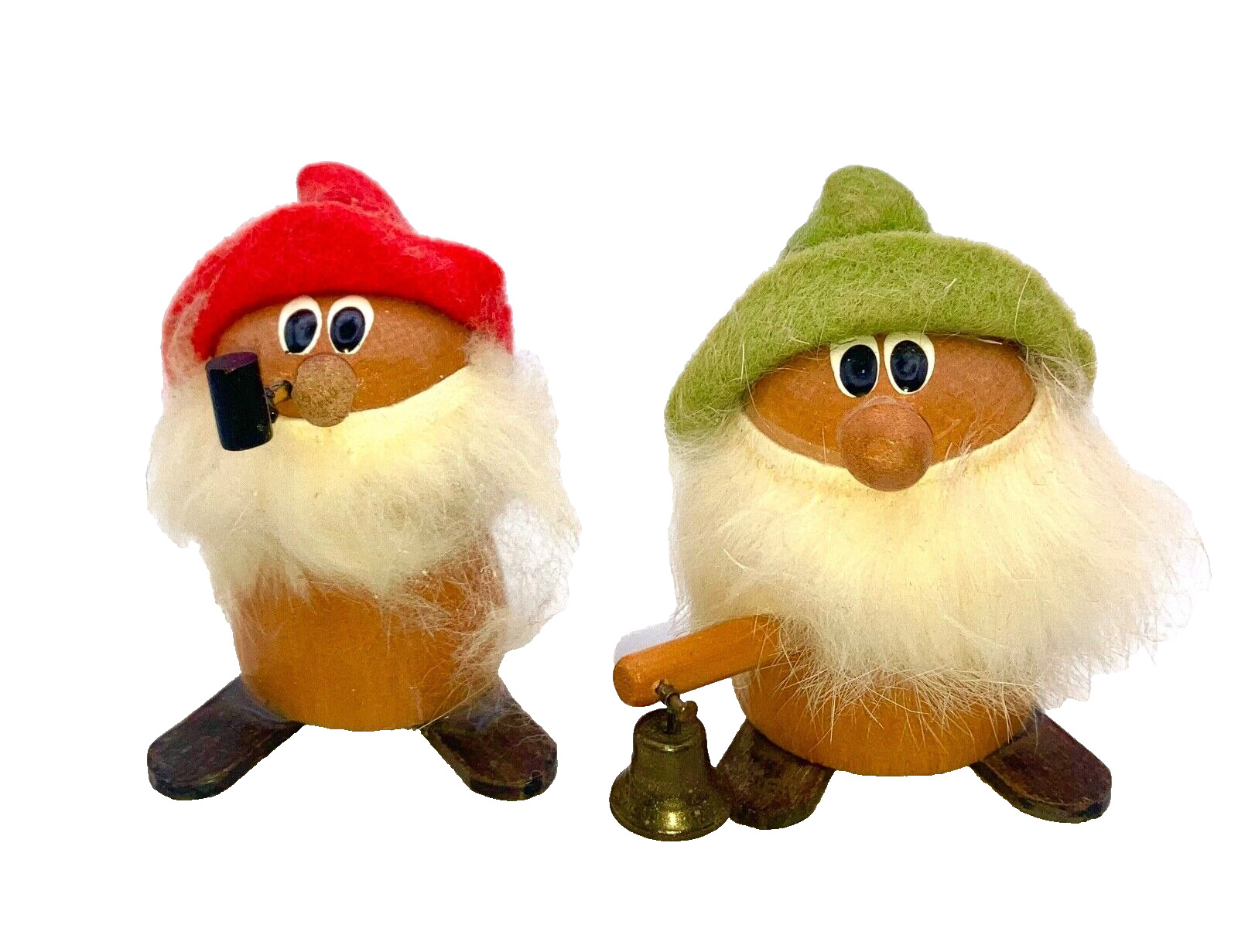 Elves Gnomes Figurines Vintage Wood with Beards Felt Hats 1950s Set of 2 Japan