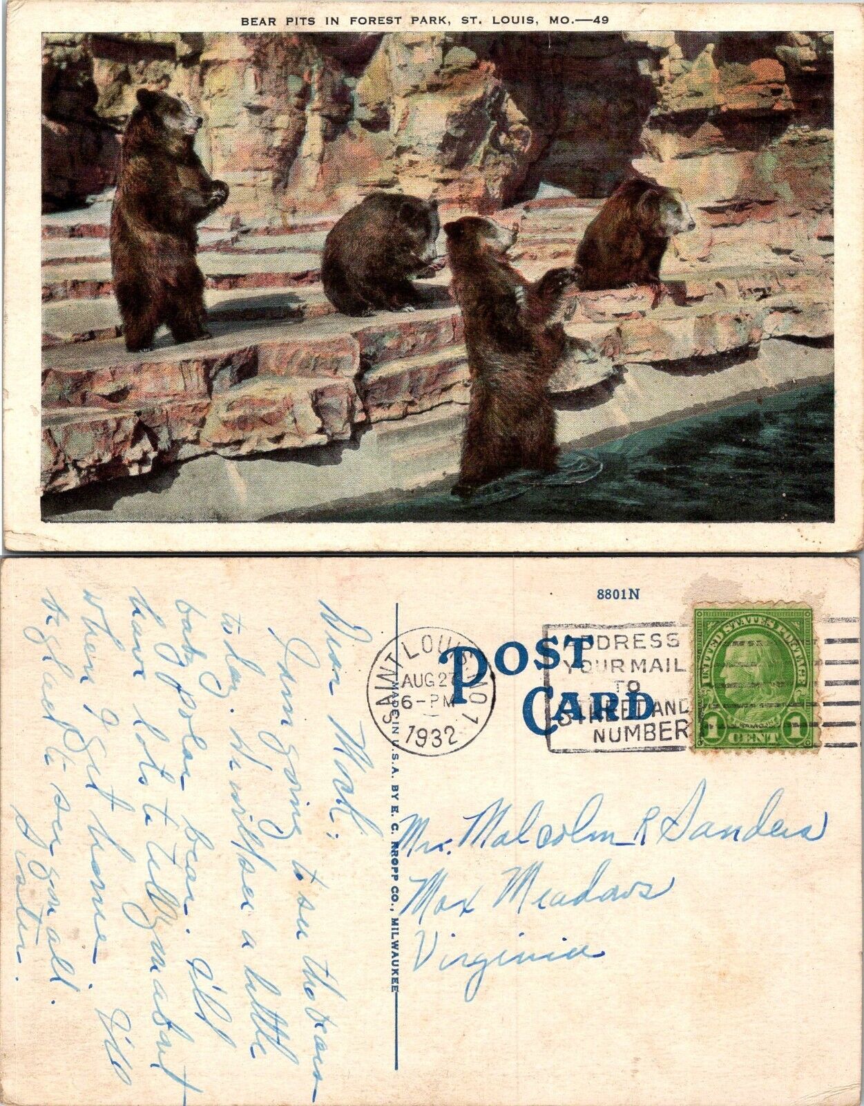 POSTCARD BEAR PITS IN FORREST PARK ST LOUIS MO POSTMARKED 1932