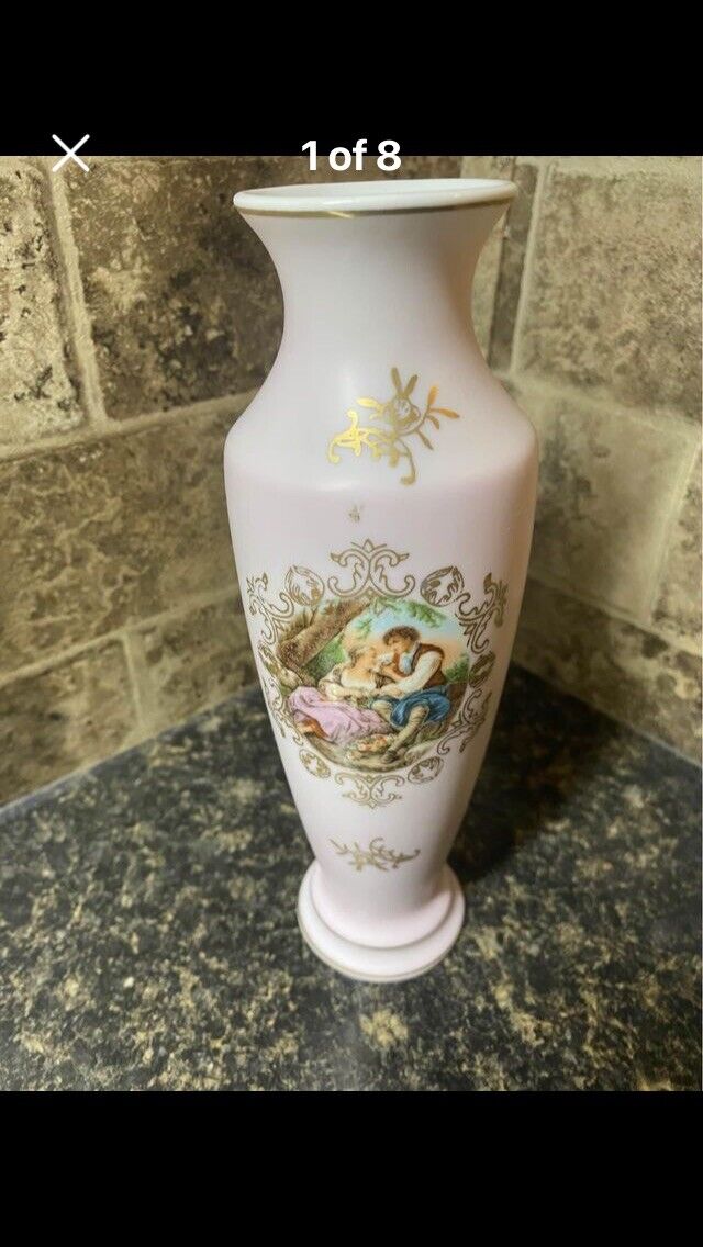 Bud Vase White Scene of Victorian Courting Couple 8\