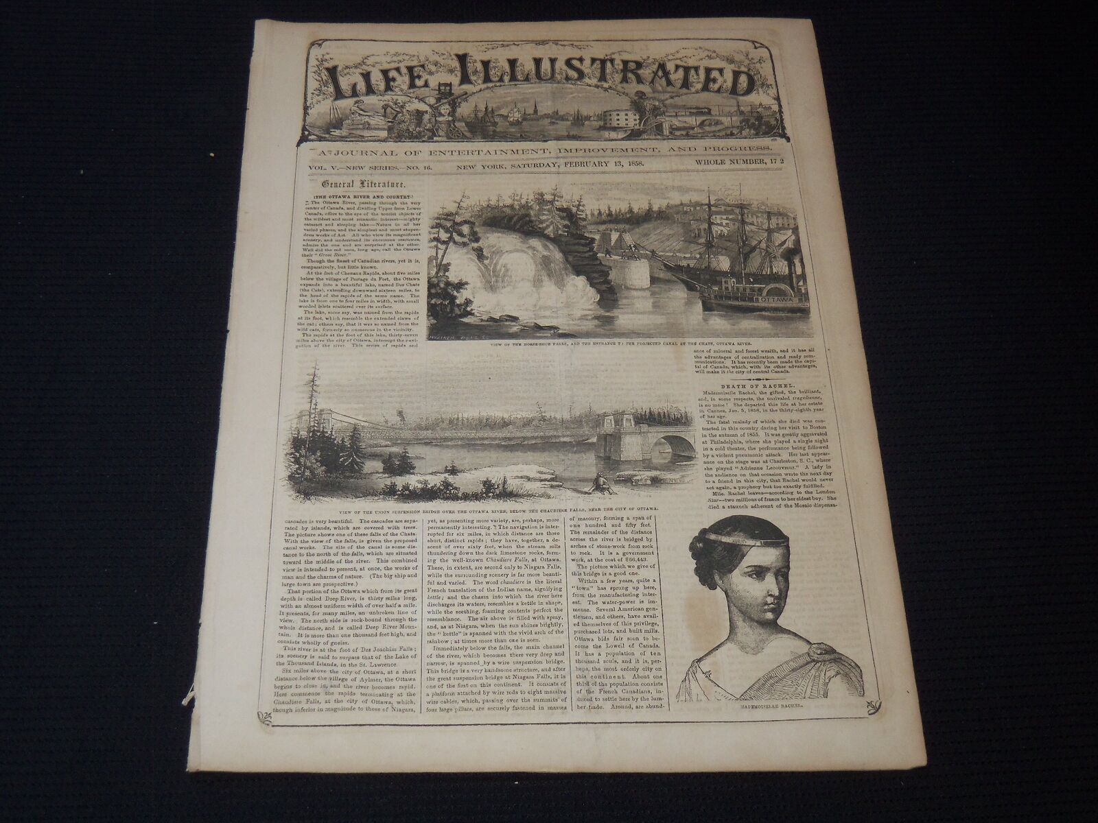 1858 FEBRUARY 13 LIFE ILLUSTRATED NEWSPAPER - OTTAWA RIVER & COUNTRY - NP 5898